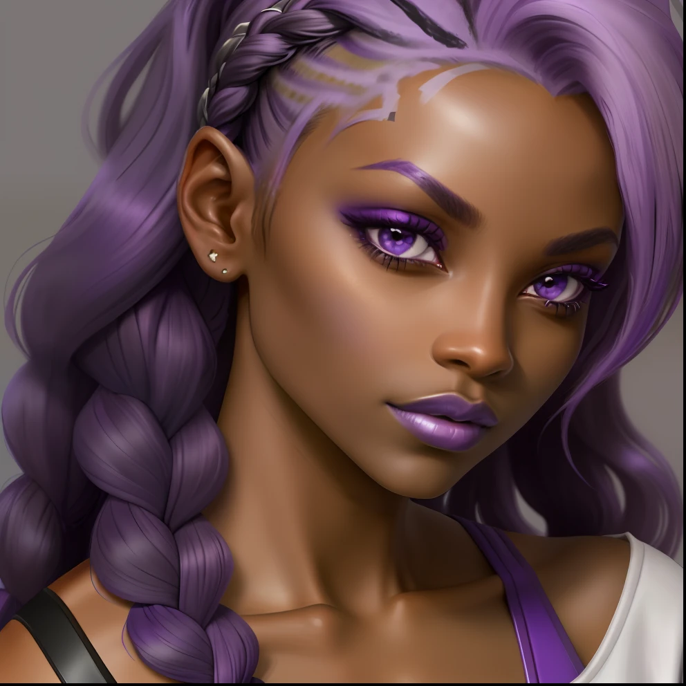a close up of a woman with purple hair wearing a white top, long braided purple hair, taken in the early 2020s, dark skin tone, purple hue, deep purple hair, with brown skin, purple lipstick, purple skin color, she has olive brown skin, dark skinned, dark black skin tone, dark purple hair, she has purple hair