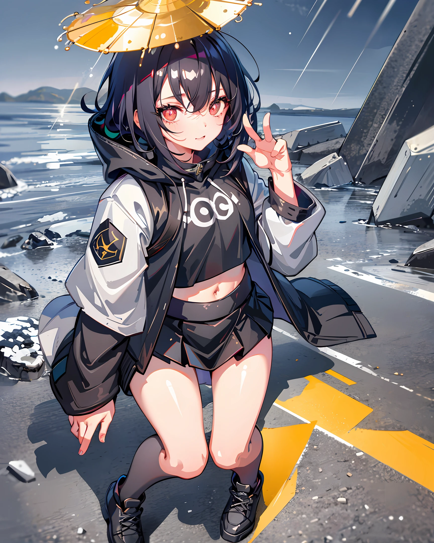 1girl, jacket, rain, outdoors, hoodie, open jacket, chain, backpack, looking at another person, messy hair, trend on artstation, 8k resolution, very detailed, anatomically correct, clear image, digital painting, concept art, trend on pixiv, shingai style, black hair, golden pupils, loli, sexy, win, navel