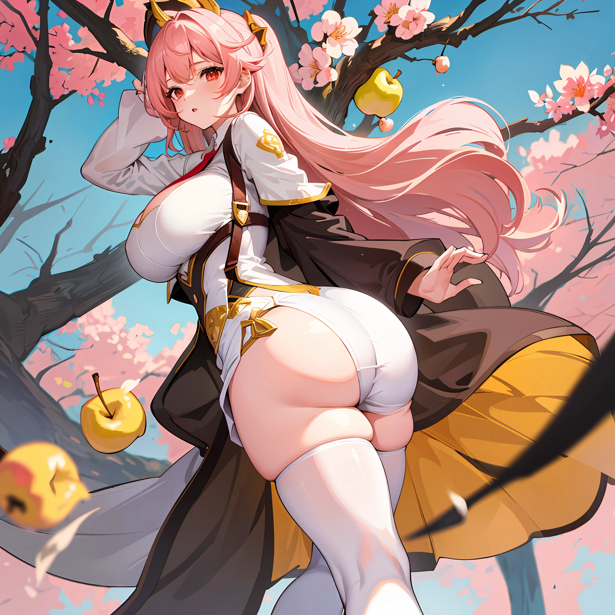 1girl, big ass, big breasts, white stockings, light brown clothes, fair skin, red eyes, light pink hair, yellow parts of clothing, blossoming apple tree