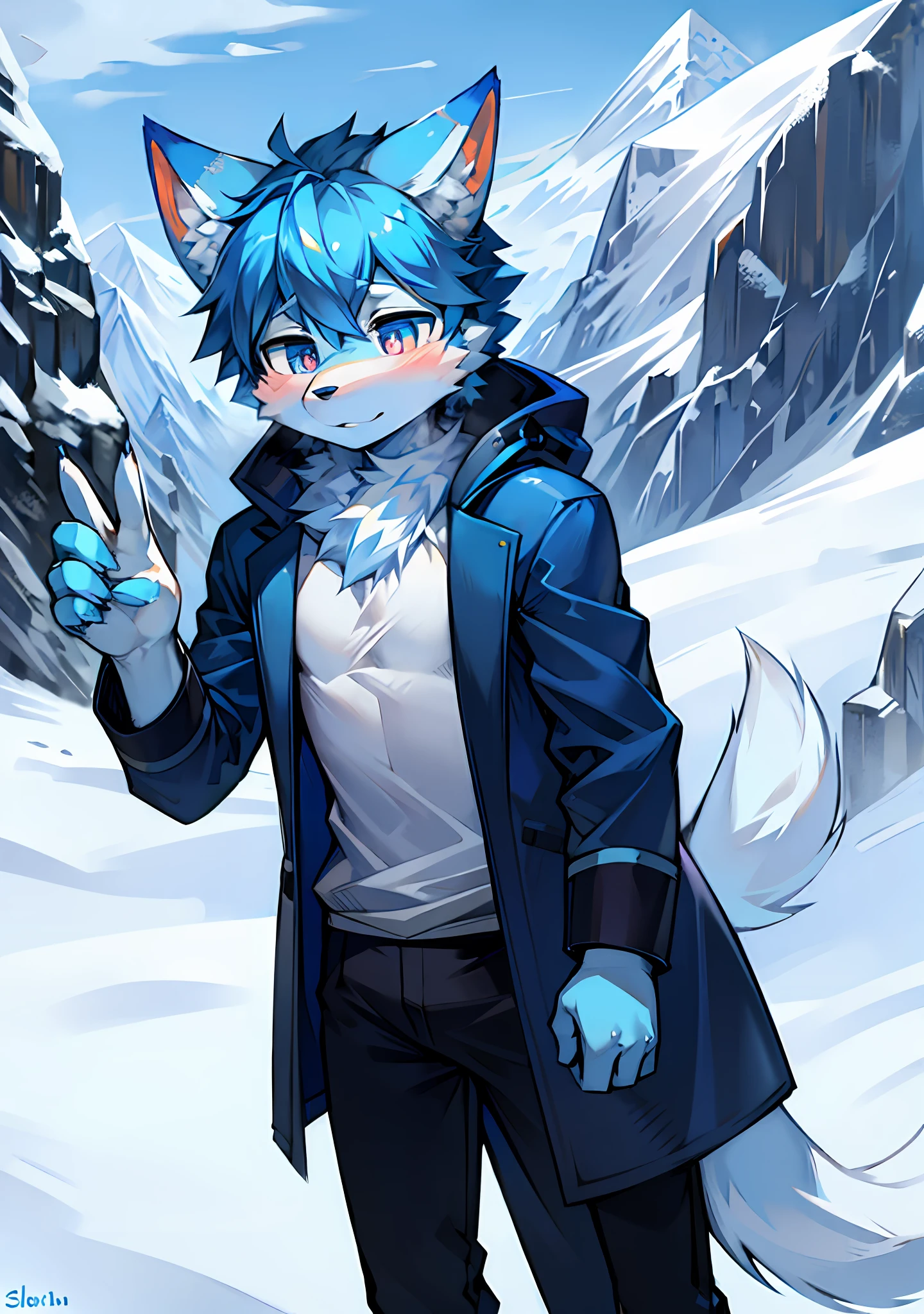 Furry male blue white pattern fox bright pupils standing wearing blue cotton jacket snowy mountains snow
