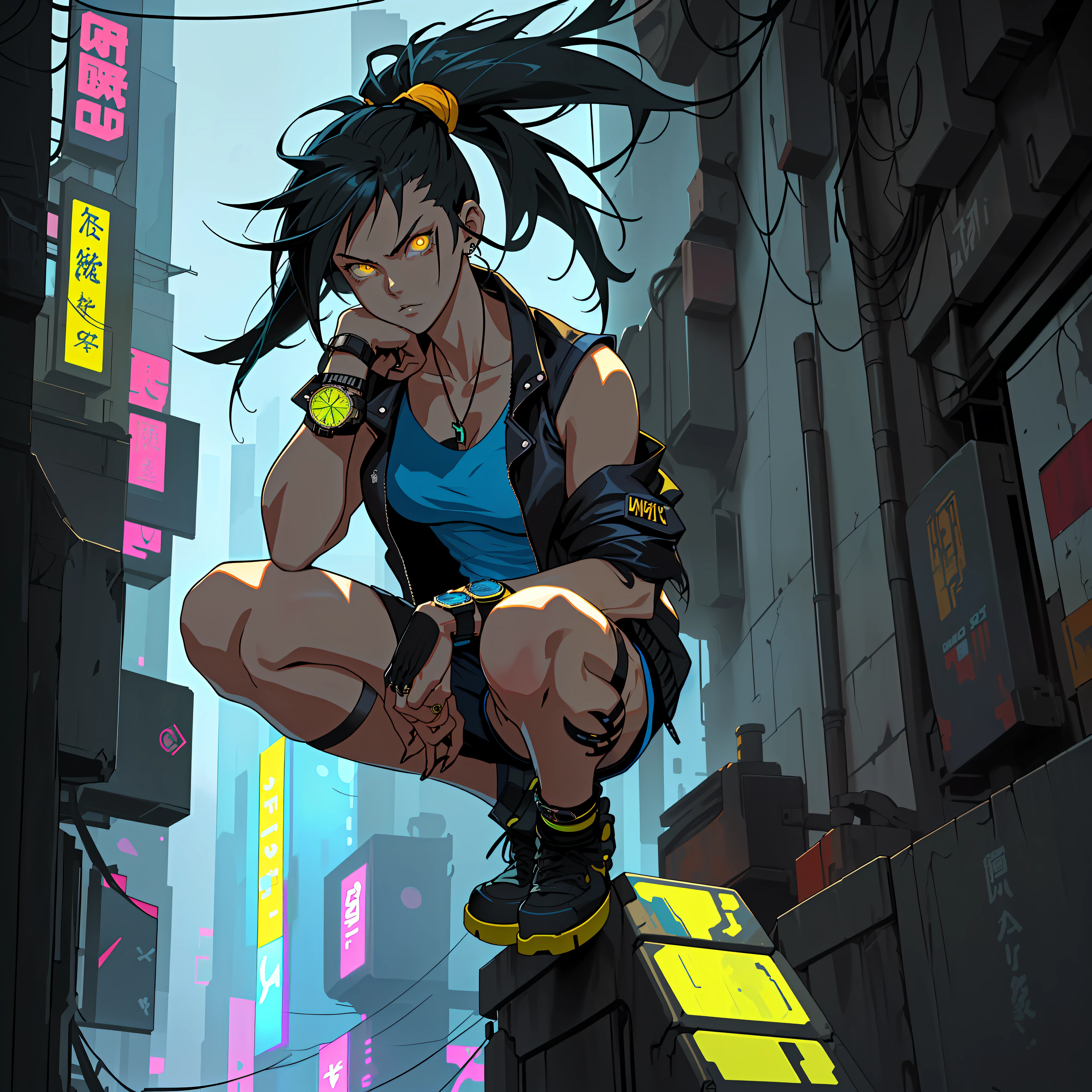 masterpiece, (anime style), (not realistic), fluid stroke, best quality, super detailed, 1girl cyberpunk, (wearing shorts), sensual, crouched, ((looking at watch on her wrist)), hair tied, (blue sleeveless t-shirt underneath), (short black jacket on top),(deep yellow eyes)cyberpunk city, futuristic, (((anatomically correct)))