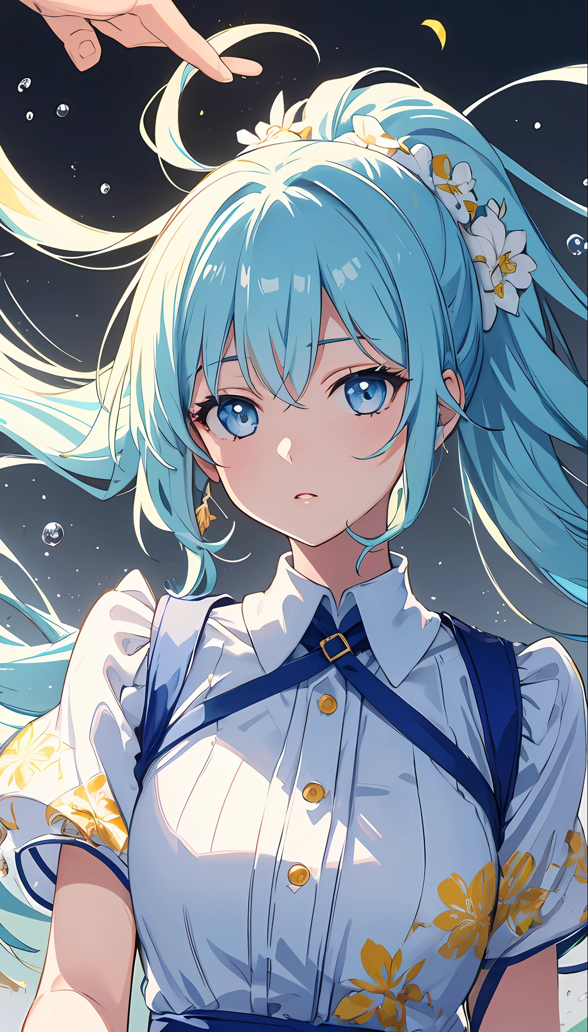 (masterpiece), (best quality), (ultra detailed),(disheveled hair),(illustration), (1girl), (Fashionable clothing), standing, Fashion model, looking at viewer, (interview), (simple background),beautiful detailed eyes, delicate beautiful face, Floating,(high saturation),(colorful splashes),colorful bubble,(shining), focus on face, ponytail, kamisato ayaka, light blue hair, bangs, hair ring, floating flowers, floating hairs, (shining), best lighting, best shadow,