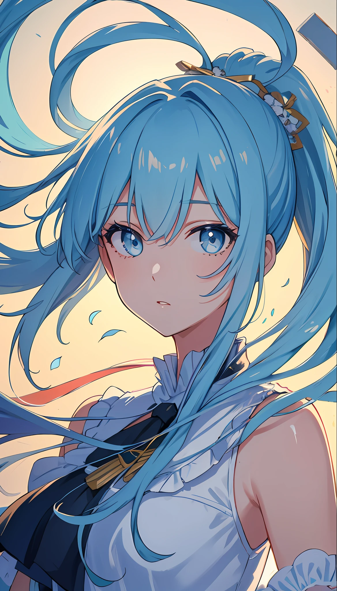 (masterpiece), (best quality), (ultra detailed),(disheveled hair),(illustration), (1girl), (Fashionable clothing), standing, Fashion model, looking at viewer, (interview), (simple background),beautiful detailed eyes, delicate beautiful face, Floating,(high saturation),(colorful splashes),colorful bubble,(shining), focus on face, ponytail, kamisato ayaka, light blue hair, bangs, hair ring, floating flowers, floating hairs, (shining), best lighting, best shadow,