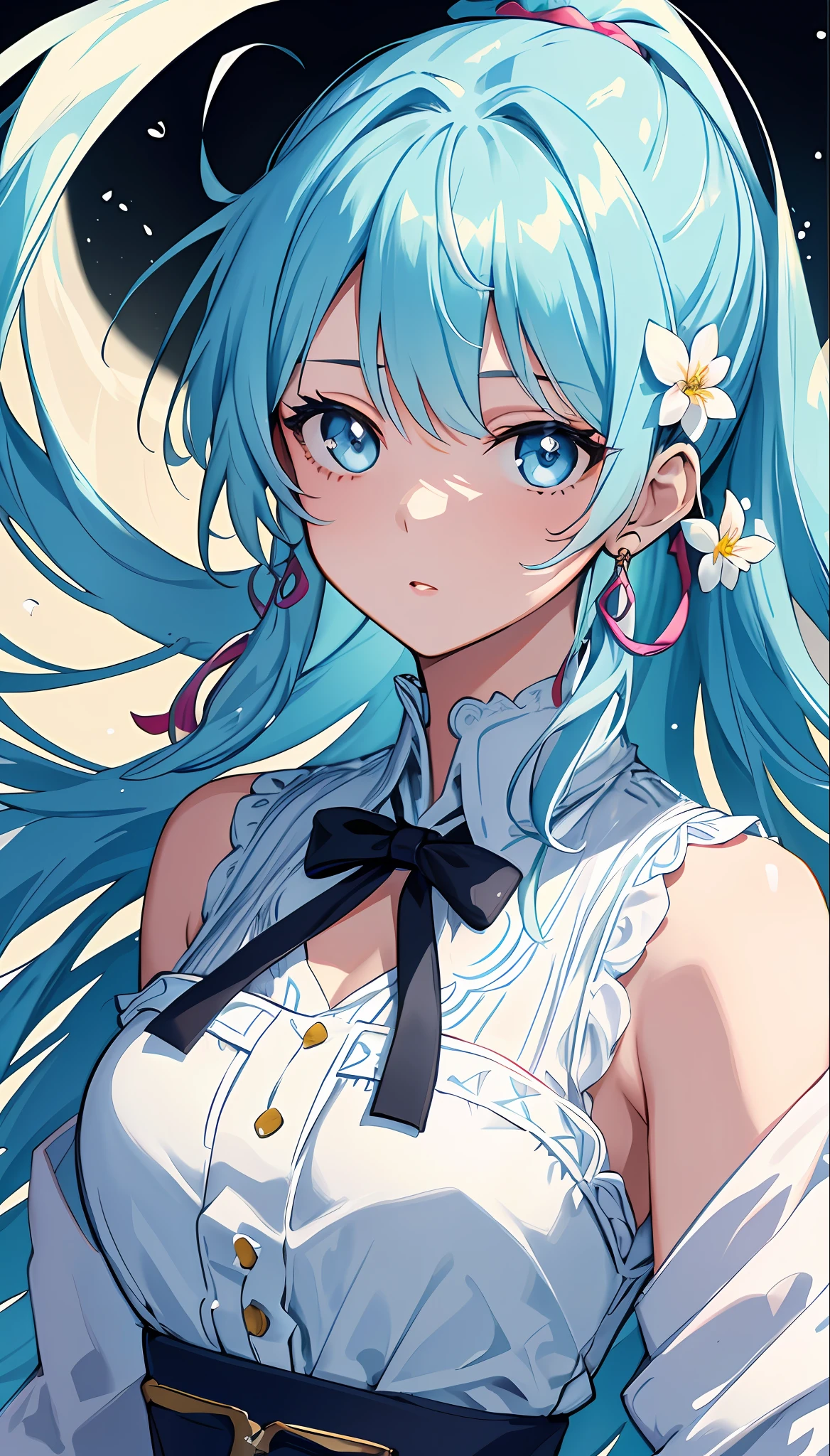 (masterpiece), (best quality), (ultra detailed),(disheveled hair),(illustration), (1girl), (Fashionable clothing), standing, Fashion model, looking at viewer, (interview), (simple background),beautiful detailed eyes, delicate beautiful face, Floating,(high saturation),(colorful splashes),colorful bubble,(shining), focus on face, ponytail, kamisato ayaka, light blue hair, bangs, hair ring, floating flowers, floating hairs, (shining), best lighting, best shadow,
