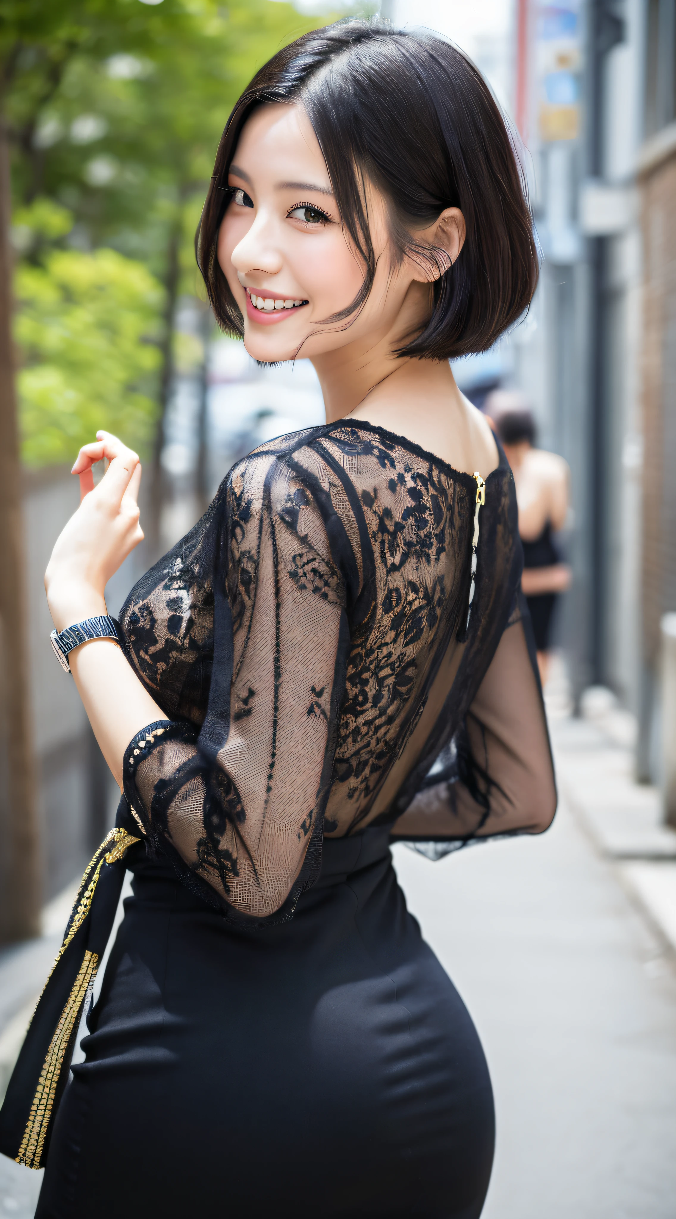 (8k, top quality, masterpiece, portrait),voluptuous body, short black hair, photo of Japan woman along the street, hands, fashionable clothes, looking back with a smile.