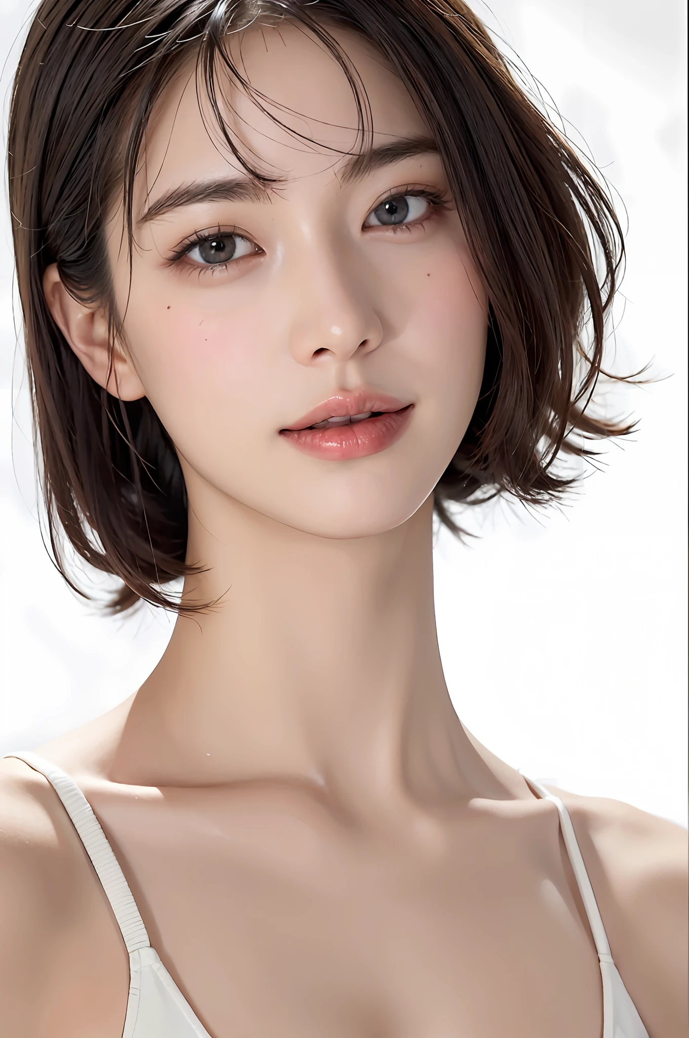 ((masterpiece, top quality, high definition)), 1 girl, (photorealistic: 1.4), solo, white background, snow-white background, mouth closed, happy smile, happy smile, pretty black hair, short hair, big eyes, clear double eyelids, eyelashes, ears out, long neck, long neck, absolute area, ((face close-up)), (drawing all head, shoulders), 19 years old, Attractive proportions, shiny skin, clean collarbone, golden ratio face, perfect face, teardrop mole, mole on chest, bangs, clean bangs, beautiful bangs, lip gloss, thin lips, fair skin, naked, big breasts, small face, small face, head all drawn, shoulders all drawn, staring at the camera slightly above