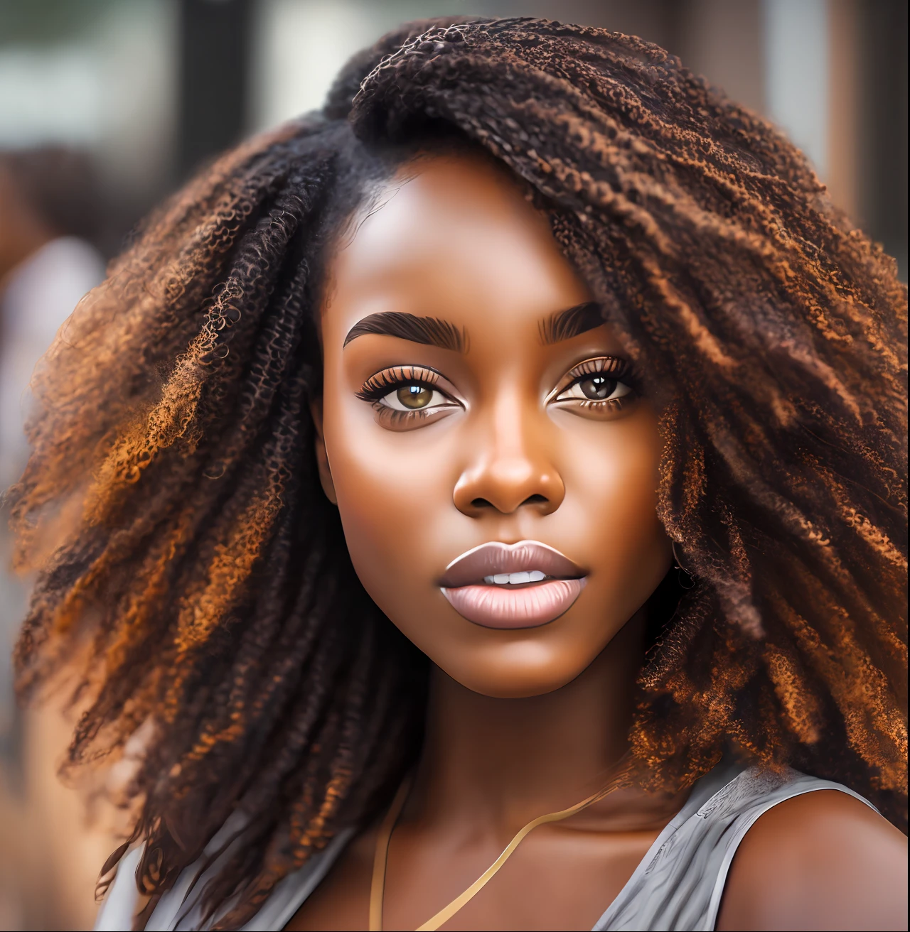 taken with iphone camera BREAK selfie medium shot of a beautiful young woman, brown skin, BREAK (ombre: 1.3) curly hair BREAK film grain, medium quality --auto --s2