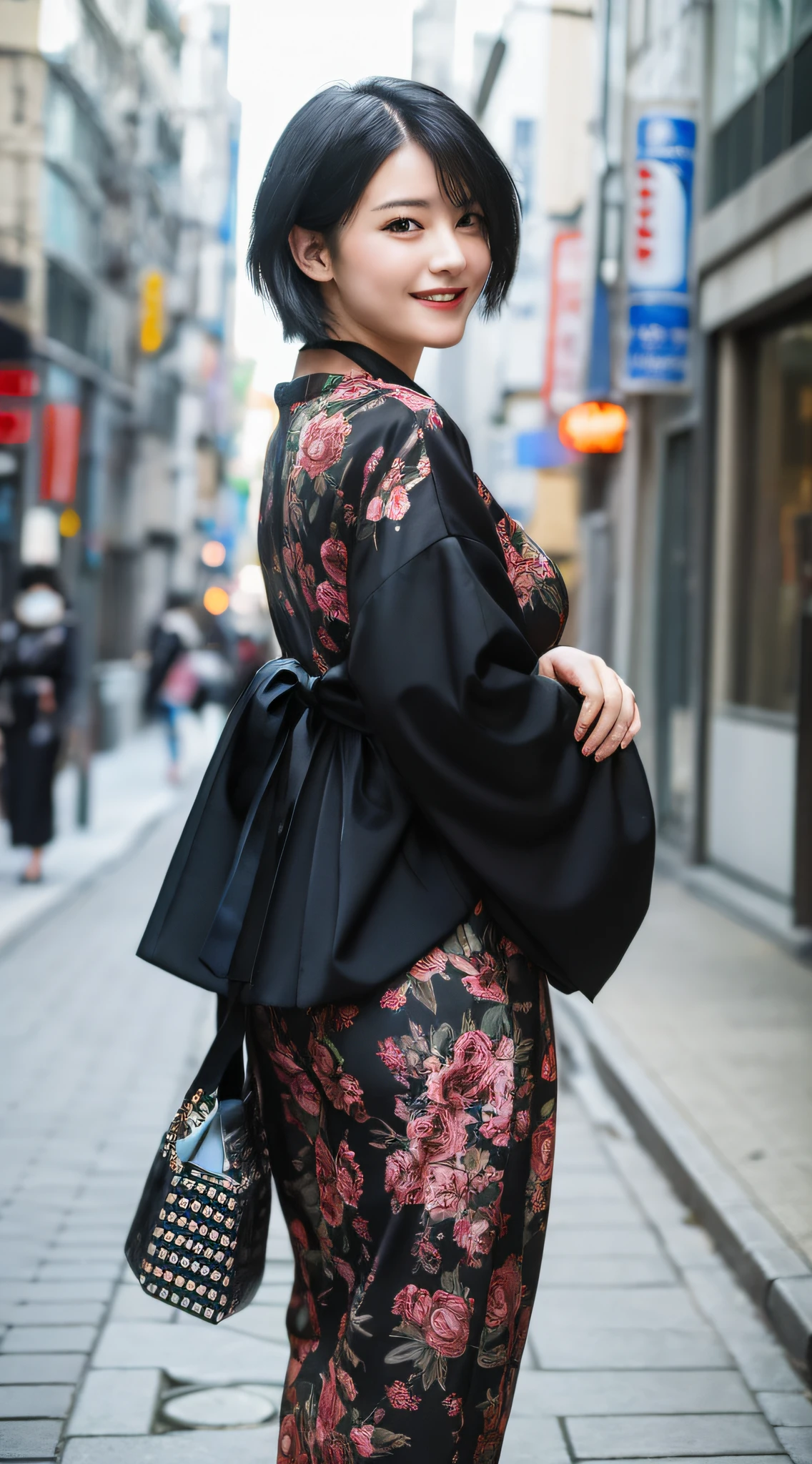 (8k, top quality, masterpiece, portrait),voluptuous body, short black hair, photo of Japan woman along the street, hands, fashionable clothes, looking back with a smile.