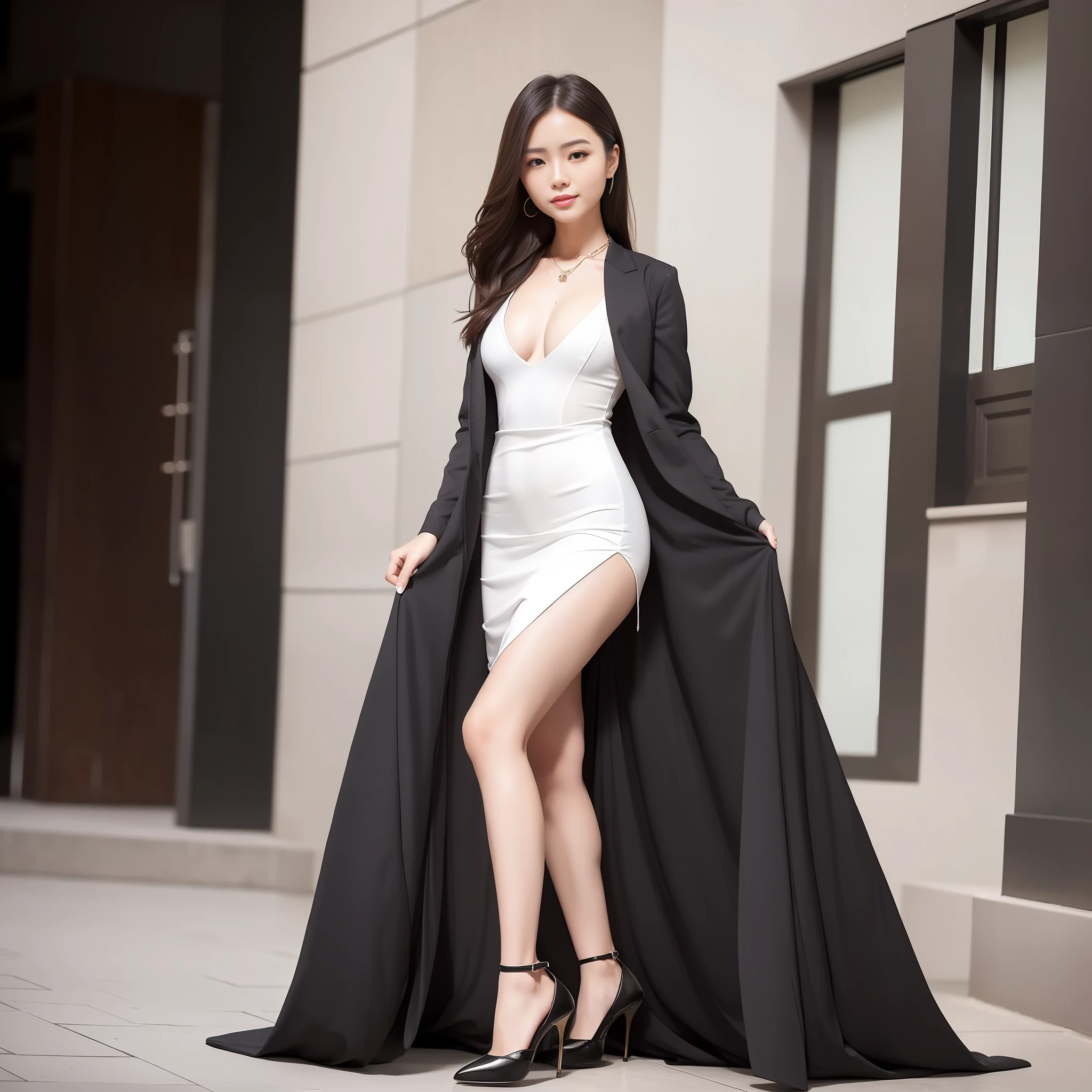 (Best Quality, 8k, 32k, Masterpiece, UHD: 1.2), Photo of a Beautiful Chinese Woman, A Woman: 1.5, (Detailed Face: 1.1), Simple Black Suit, Looking at the Viewer, (Full Body Photo: 1.6), Necklace, Dress Shirt, Smile, Lower Body Long Skirt, Slim Figure, Long Legs, High Heels: 1.4, (Tall Height: 1.6), Light in Eyes