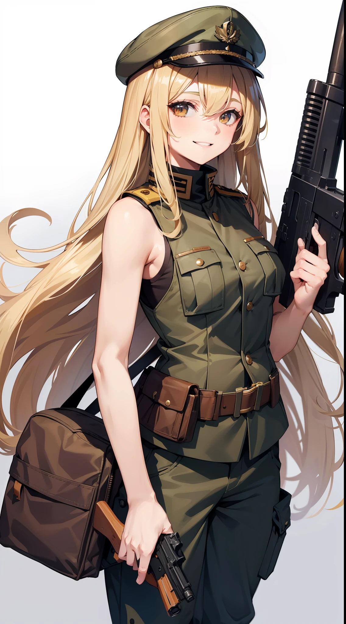 Young girl, long lush blonde hair, brown eyes, soldier's uniform, sleeveless, pants, gun, funny look, smile, masterpiece, high quality