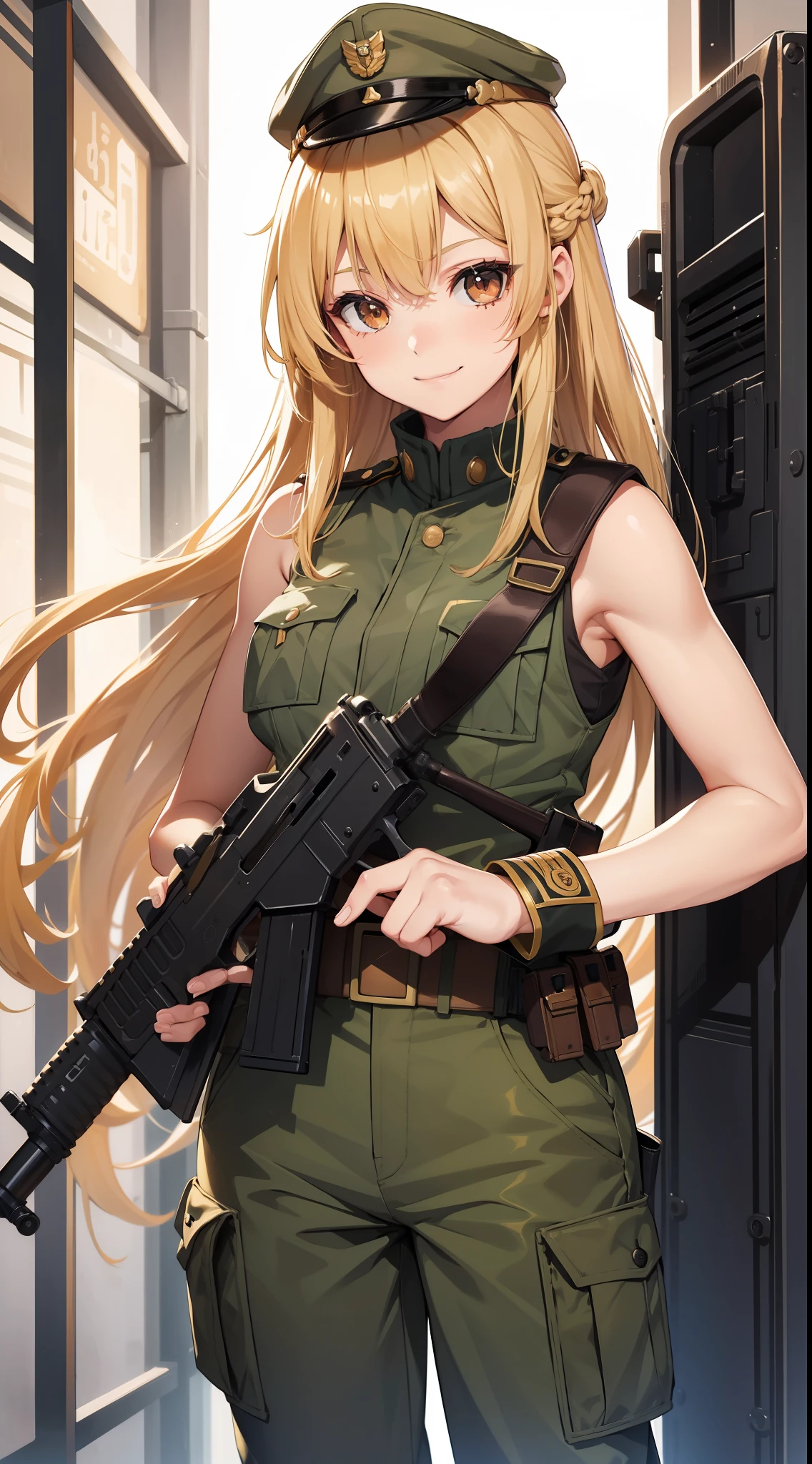 Young girl, long lush blonde hair, brown eyes, soldier's uniform, sleeveless, pants, gun, funny look, smile, masterpiece, high quality