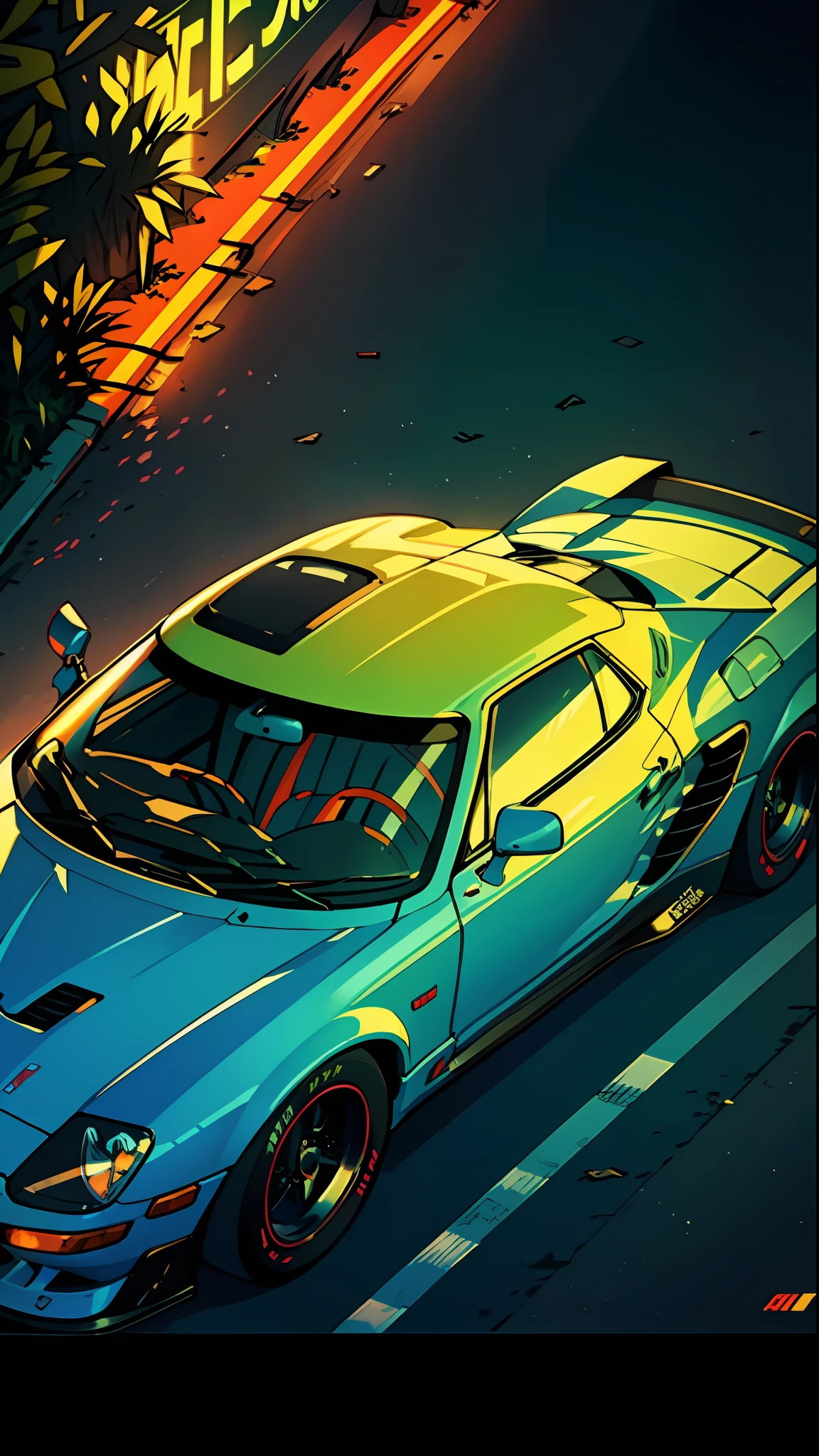 Sports Car, Retro, Full Color, Multicolor, Artificial, Superior Detail, Super Quality, Fine Details, Highlights, Neon Lights