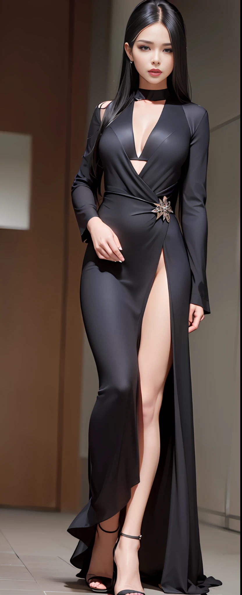 a woman in a black dress is walking down a runway, opened dress, sexy gown, sexy dress, revealing stylish dress, elegant fashion model, revealing outfit, sexy look, wearing an elegant dress, back slit, sophisticated dress, she is wearing a black dress, full body close-up shot, wearing a black robe, robe. extremely high details, wearing black robe