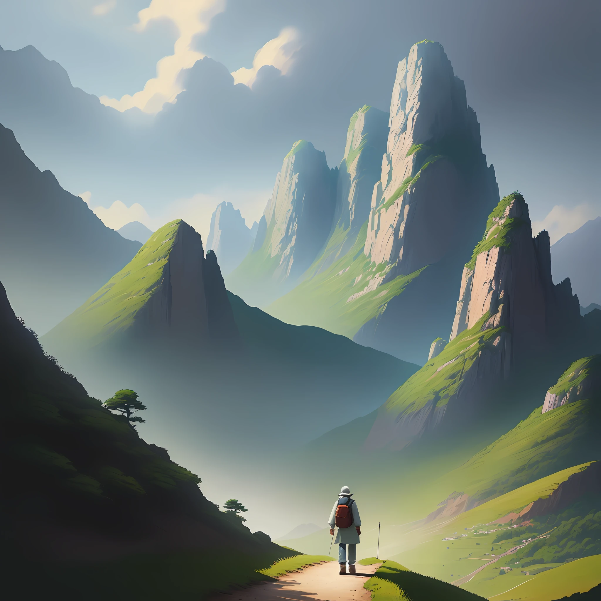 There is a man walking down the mountain path, artwork illustration, anime landscape, illustrator Tom Clohosy Cole, behance, Studio Ghibli,