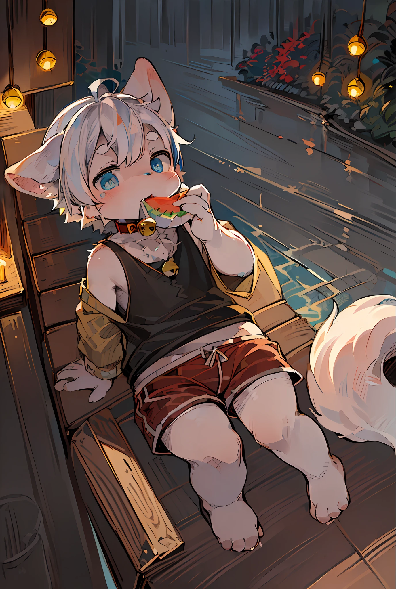 Masterpiece, high quality, absurd resolution, digital painting \ (artwork \), by dagasi, yupa, kiyosan, (fluffy fur, white fur, full body fur,). Boy, blue eyes, white hair, shorts, barefoot, bright eyes, panorama, character focus. Detailed background, eating watermelon, (bells, pet collars, loose clothes: 1.2)
