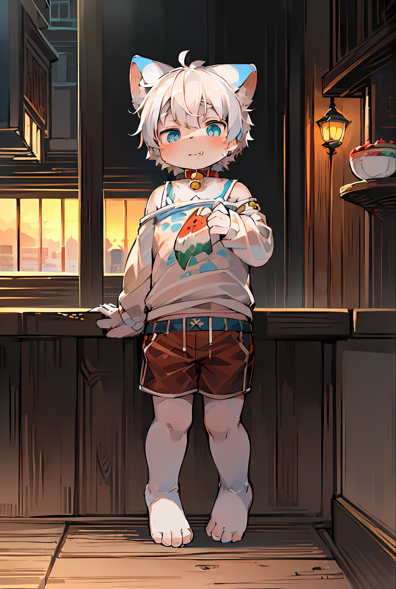Masterpiece, high quality, absurd resolution, digital painting \ (artwork \), by dagasi, yupa, kiyosan, (fluffy fur, white fur, full body fur,). Boy, blue eyes, white hair, shorts, barefoot, bright eyes, panorama, character focus. Detailed background, eating watermelon, (bells, pet collars, loose clothes: 1.2)