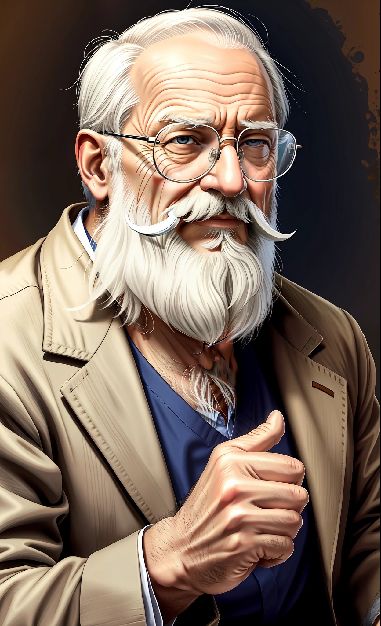 Epic realism, high quality old man artwork, European old man, scientist, Mediterranean, beard, glasses, weird expression, thumbs up.