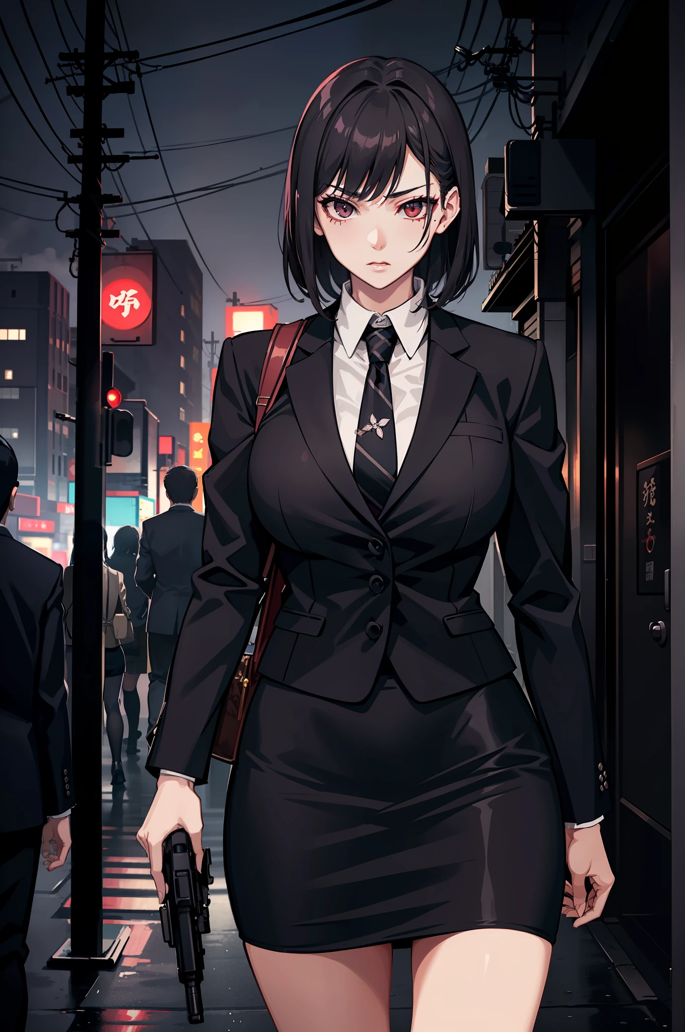 japanese yakuza mobster girl with a dark gray suit, miniskirt, pencil skirt, uses assault rifle, facial scar, stylish, hdr, intricate details, hyperdetailed, cinematic, rim light, danger atmosphere, noir, night, cyberpunk lighting, tokyo street, rain