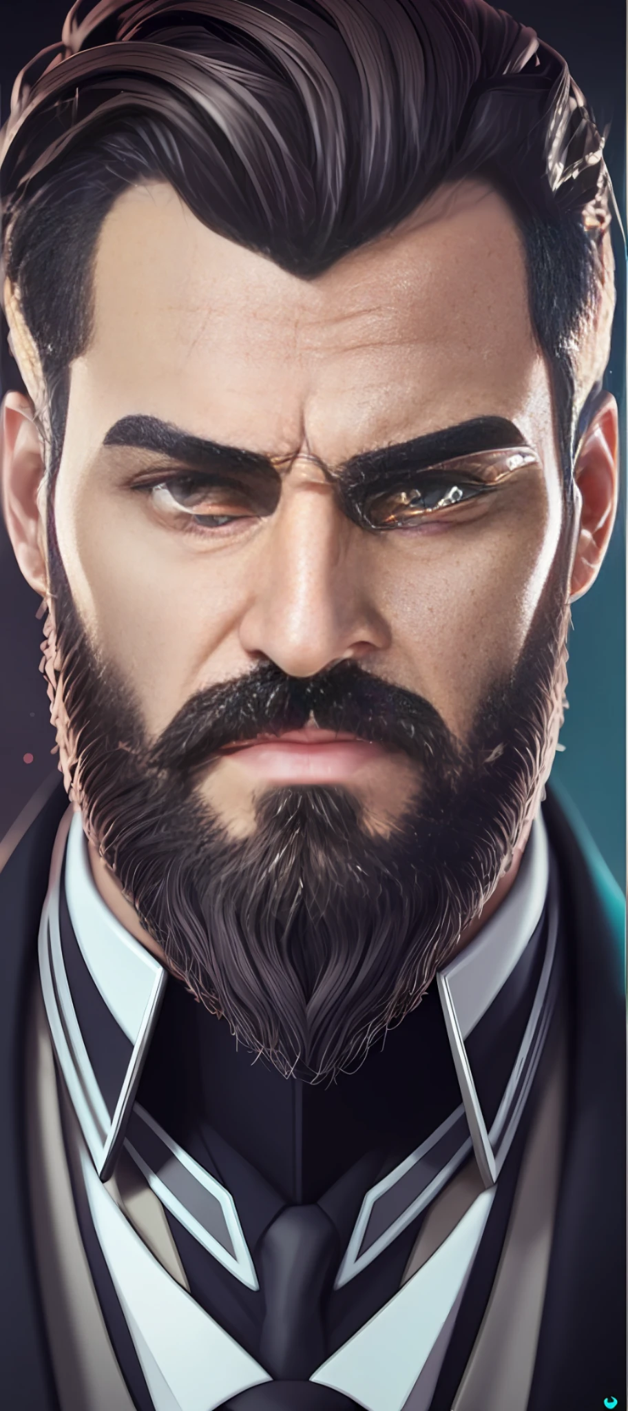 a close up of a man with a beard and a suit, portrait of a male hydromancer, unreal 5. rpg portrait, portrait of professor sinister, detailed character portrait, portrait of a cyberpunk man, hyper detail portrait, darksynth character portrait, character portrait closeup, avatar image, character art portrait, closeup portrait of an artificer, character - portrait --auto --s2