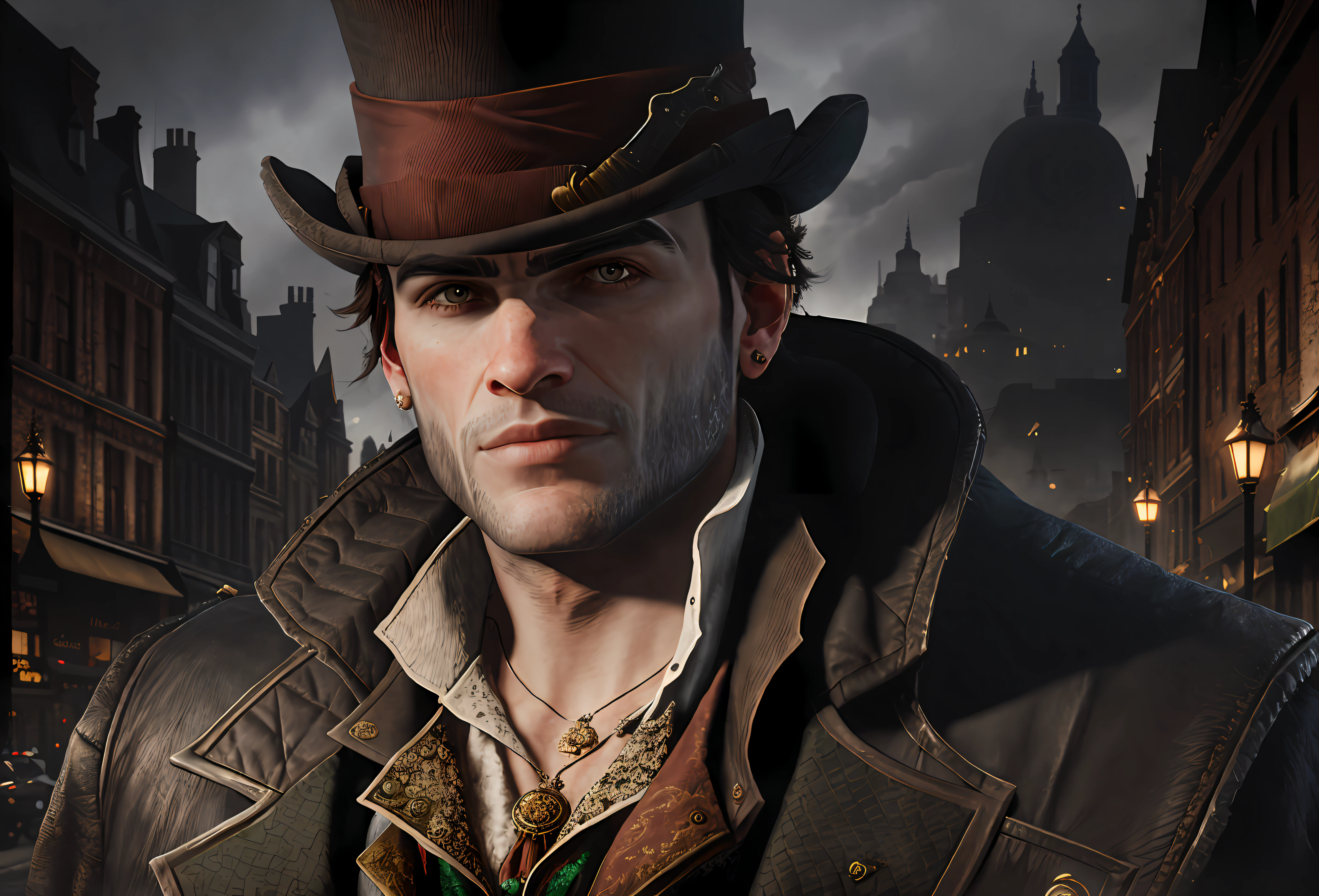 Portrait of Jacob Frye, top hat, eyebrow cuts, upper body, steampunk, surrounded by street view of the City of London, high detail