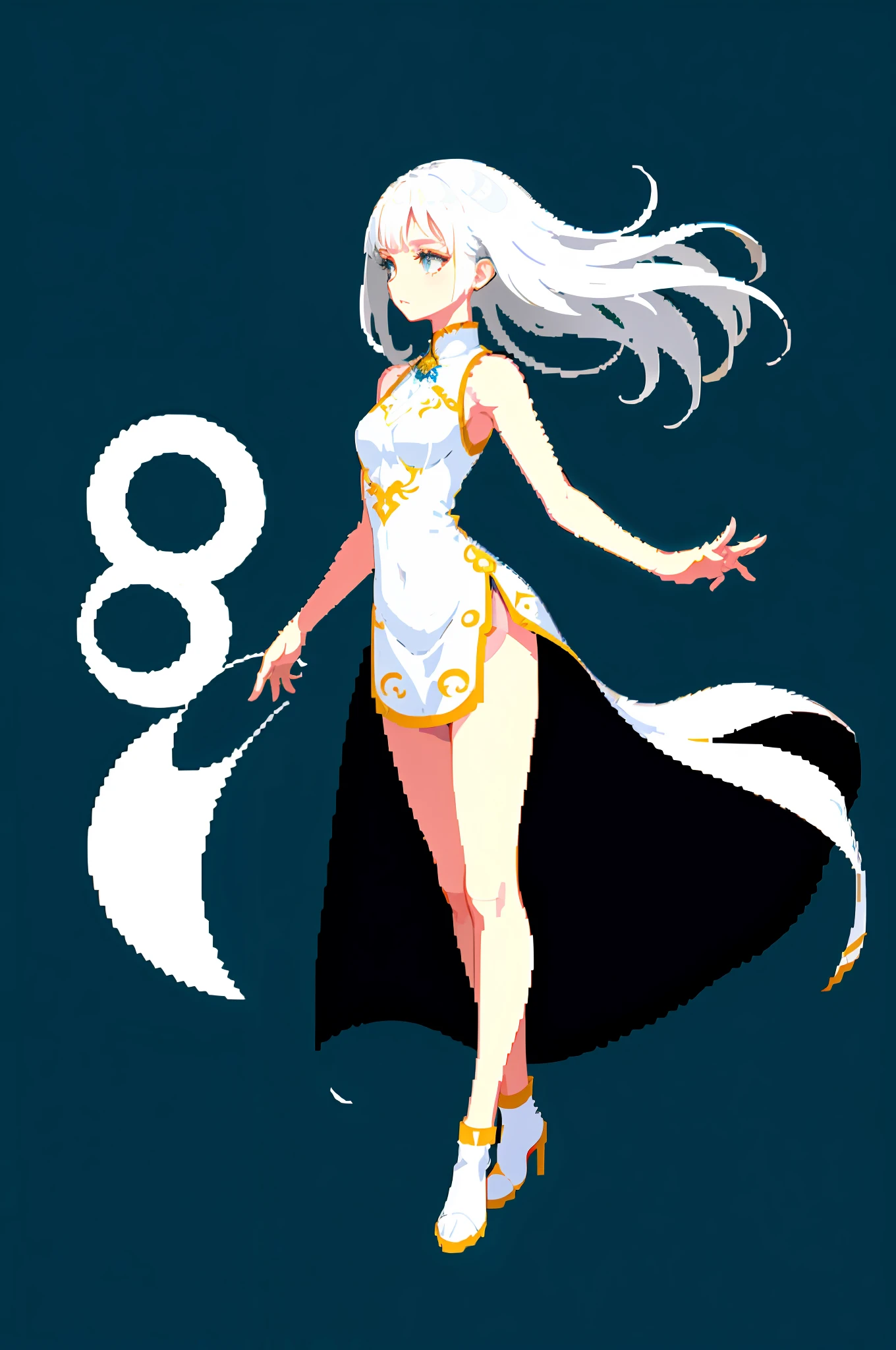 ((官方艺术)), full body shot, high resolution, (1girl), beautiful white dress, (white hair:1.3), elegant floating pose, gentle sad expression, floating in the air, great figure.