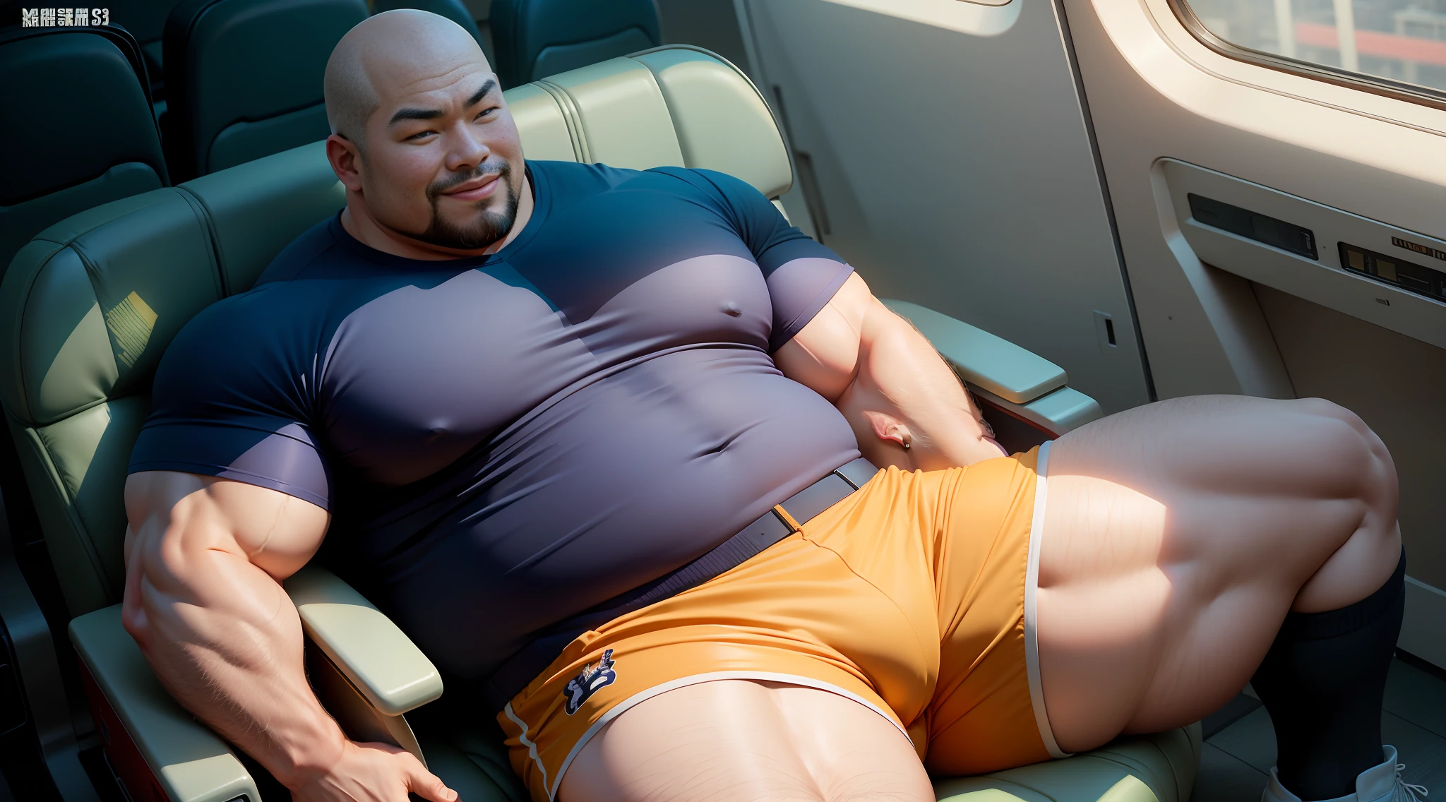 Chinese man, big brother, inch head, bald head, muscle masterpiece, air brother, fat and strong, uniform temptation, shorts, smile, uncle, thick legs, fat buttocks, leg hair, socks, inch head, on the plane seat, robust, man, --auto --s2