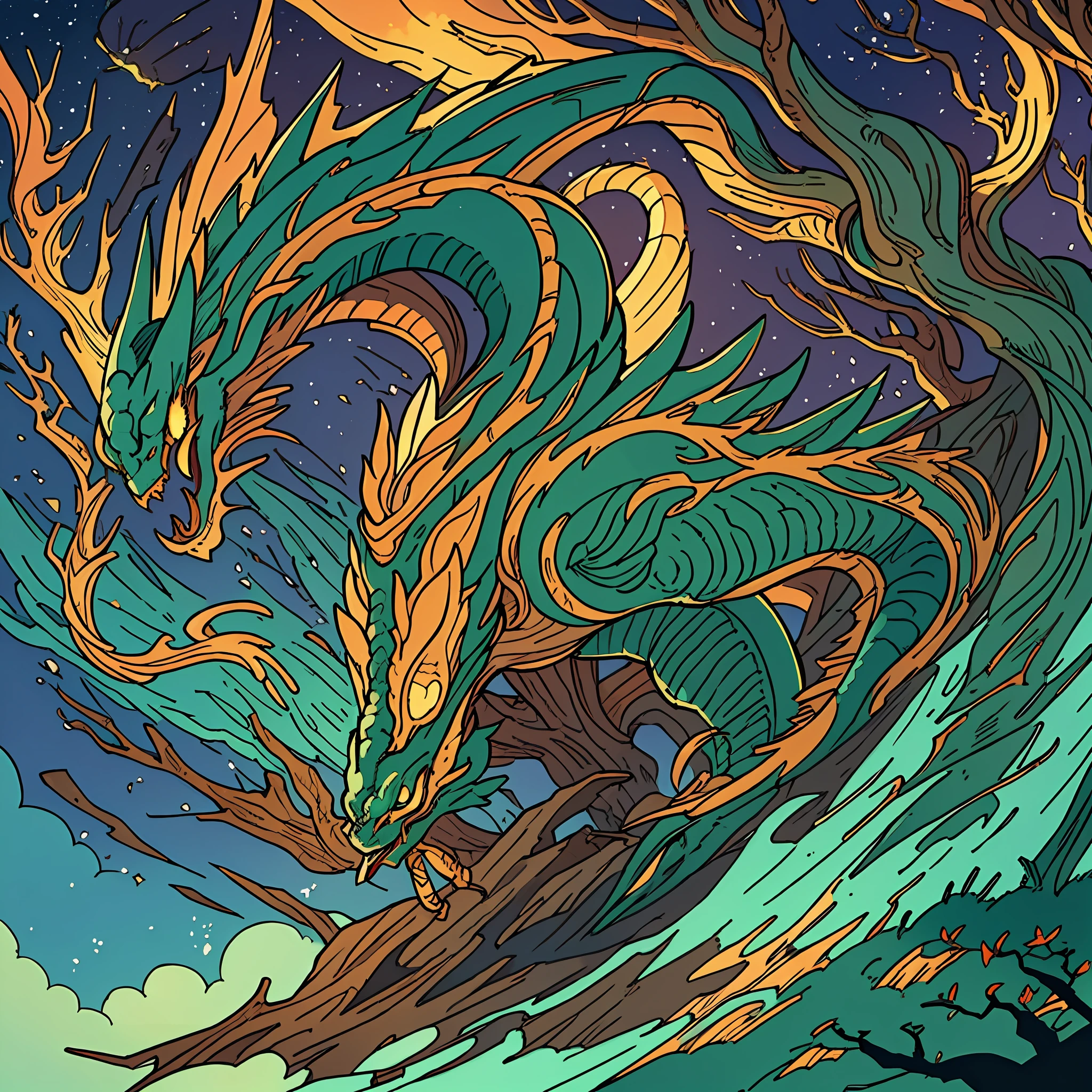 Old dragon, Shinryu, 🐉, 🐲, a slightly longer body, arm, body made of tree, tree branches, driftwood, spirally assembled driftwood body, light from the gap of the tree, glowing body, glowing arm, night, cloudy weather, pillars on both sides of the composition, sacred peaks, Japanese style, rough Shinryu, best quality, (high resolution:1.2), (finely best quality illustration:1.2), expressive styles, intricate details, --auto --s2