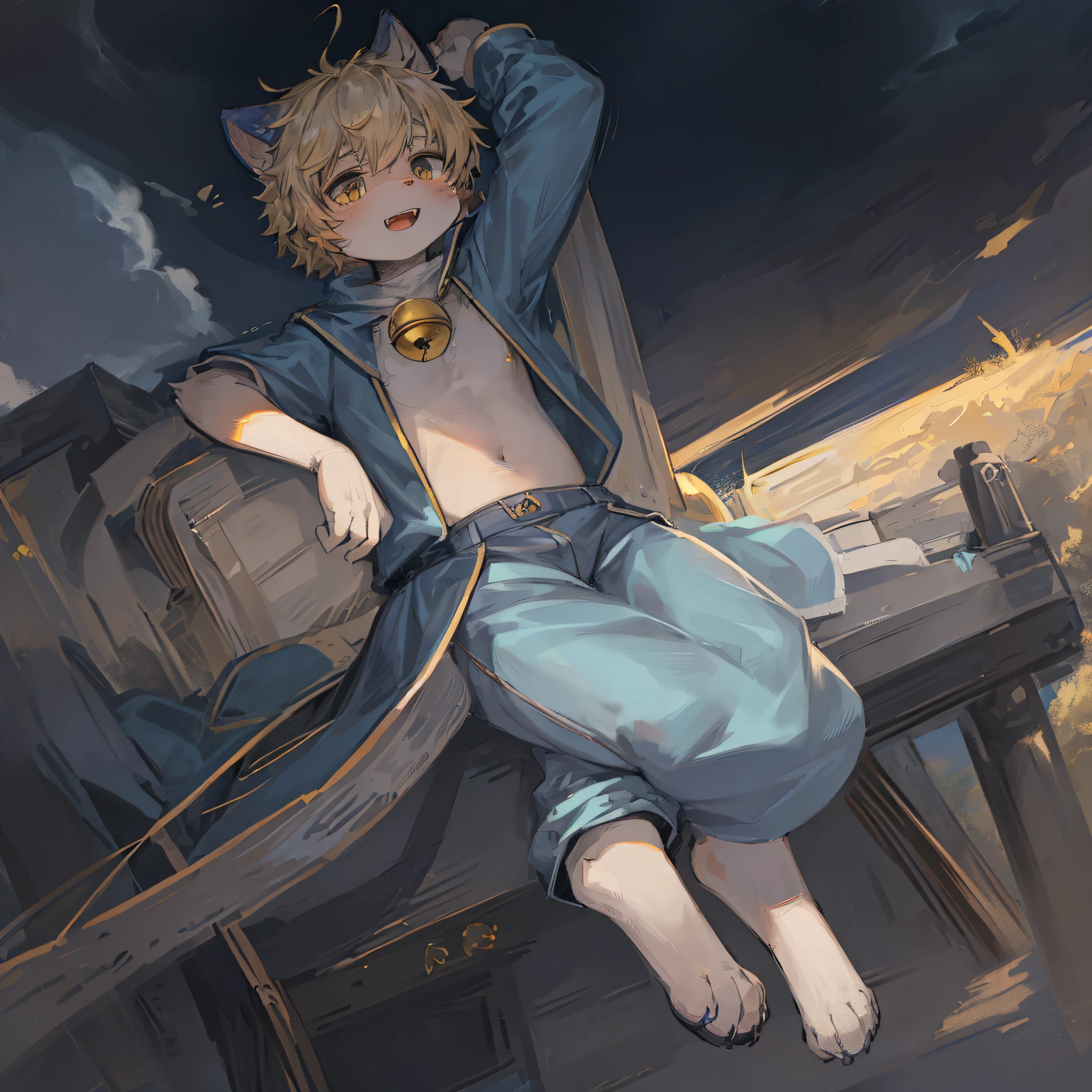 Band-aid, short hair, blonde, ahoge, bell, headphones, lower body, child, furry, cat ears, open mouth, exposed teeth, clouds, sky, in summer, no spots, cubs, blue fur everywhere, cat ears, cat type, big fluffy tail, masterpiece, high quality portrait, human figure, cub, beard, lone child boy, wind, pose, full shot, sky blue coat, gray shorts, yellow scarf, white shirt, super cute face, furry paws