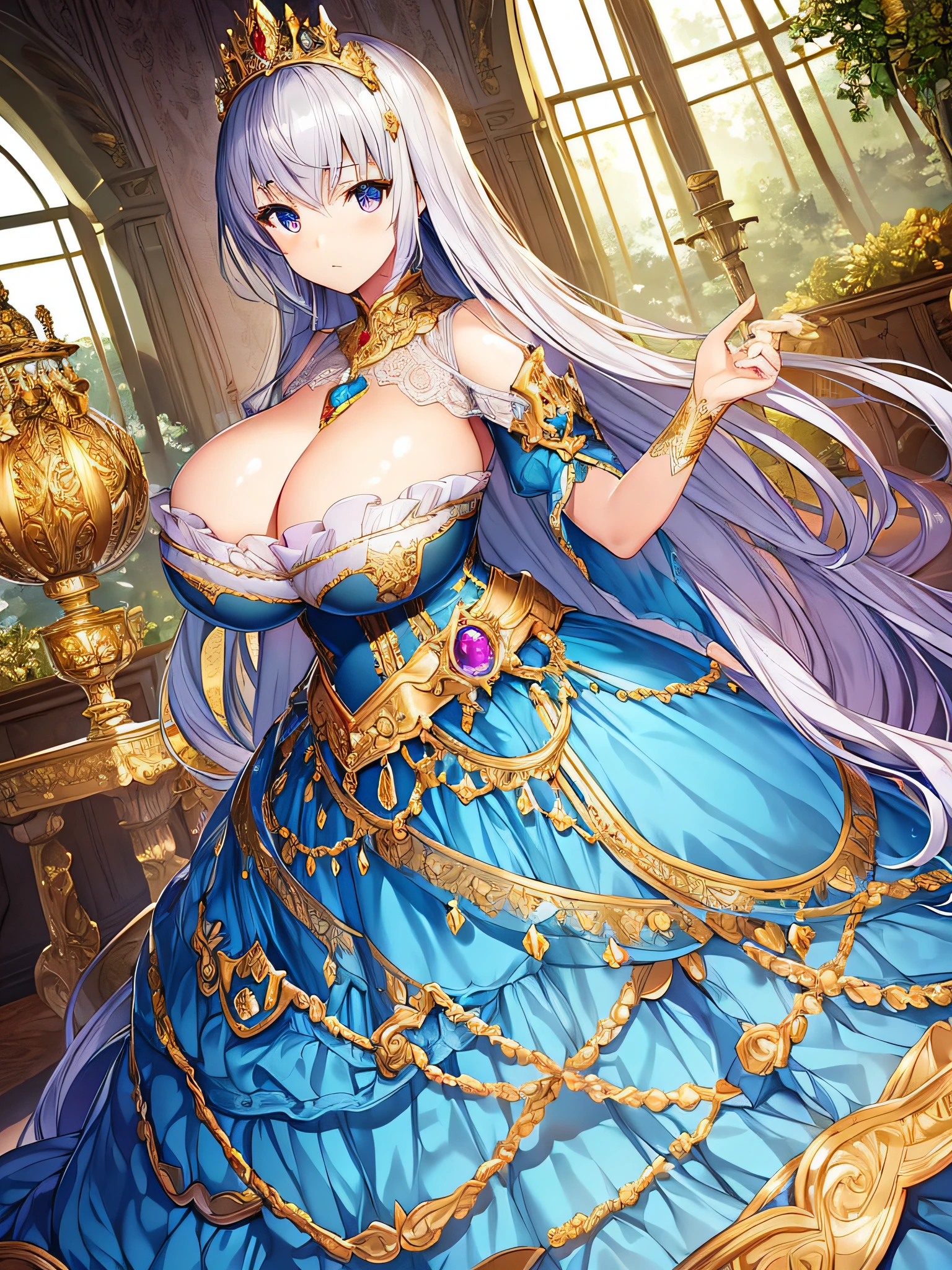 ((anime moe artstyle)),((game CG)),(Masterpiece),(Best Quality), (Super Detail),Illustration,(((Very Delicate and Beautiful))),Focus on character,Dynamic Angle,Looking at viewer,(((Solo))),((Full body)),(((1 princess in ball gown with a voluminous skirt))),detailed face and eyes,jewel-like eyes,(Very Long Hair),gorgeous embroidery and lace,See-through,ornate ruffles,(gigantic breasts,Long breasts),Beautifully Gorgeous jeweled ornaments,(gorgeous jeweled ball gown with a voluminous skirt),