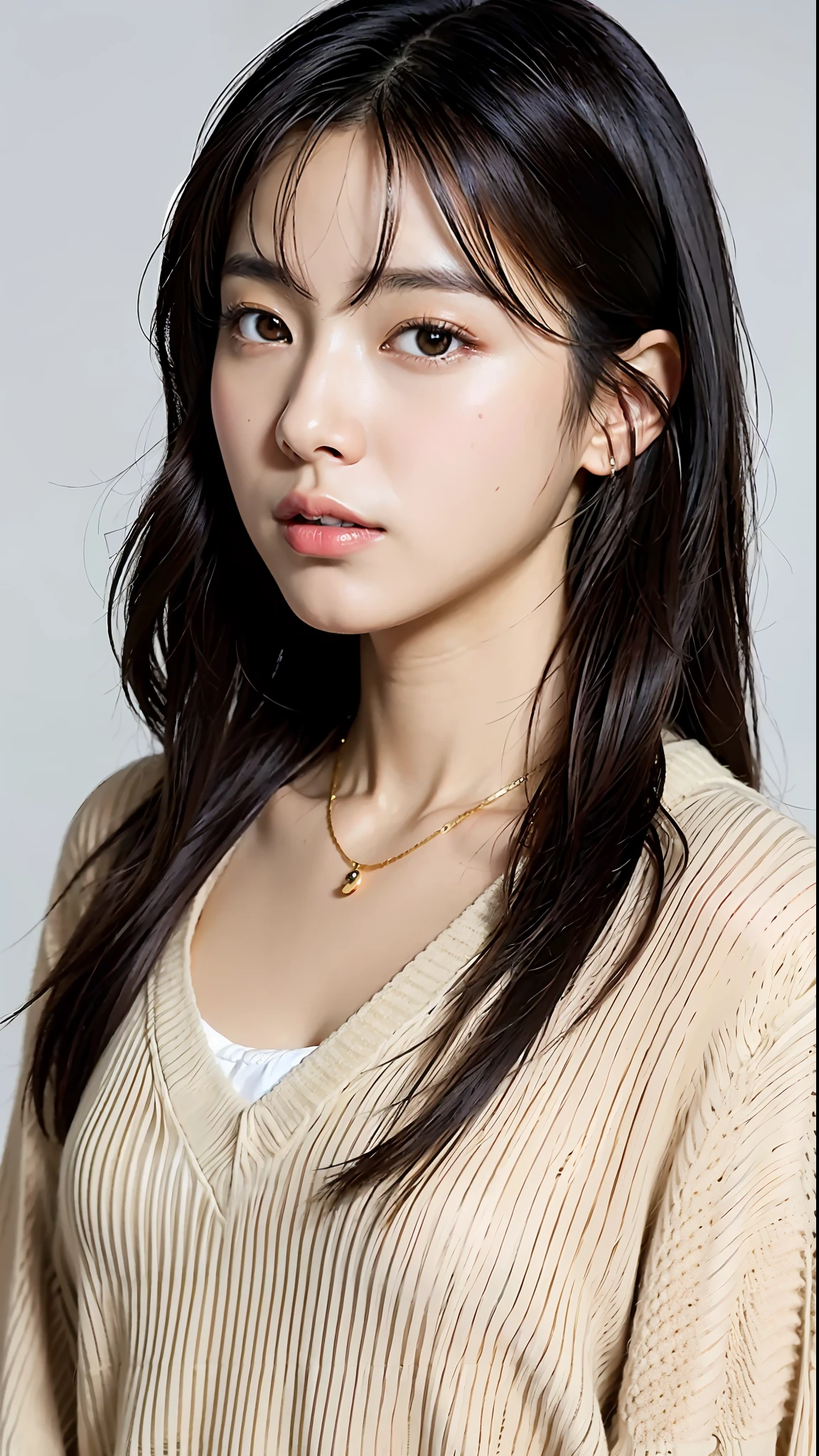 (Best Quality, 8k, 32k, Masterpiece, UHD: 1.2), Cute Japan Woman Pictures, Long Hair, Upper Body, Face Focus, oversized_sweater, Necklace, Simple Background, From Above, Viewer, Dressed Woman, Black Eyes, Black Hair,