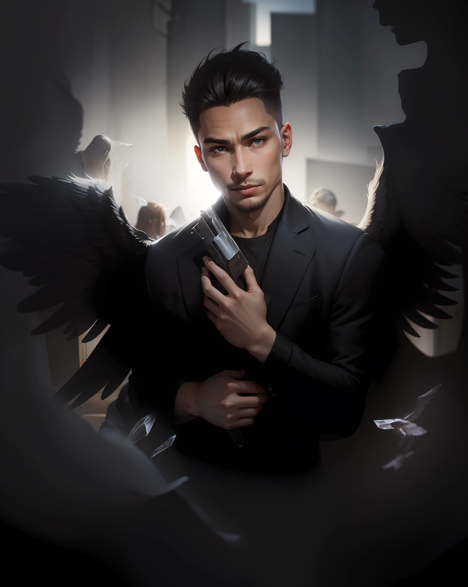 Black angel wings, spirits around