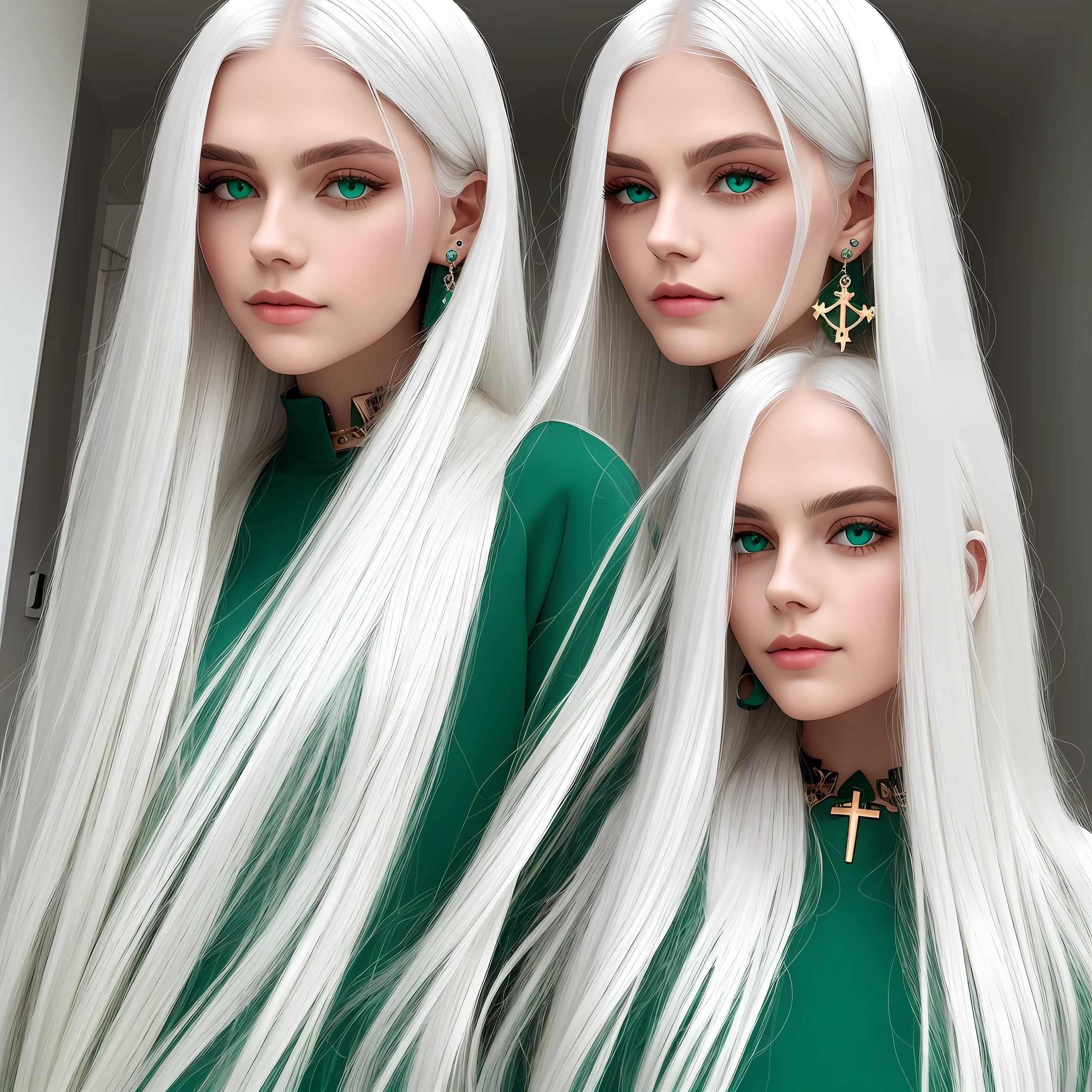 Long white hair, emerald eyes, cross earrings