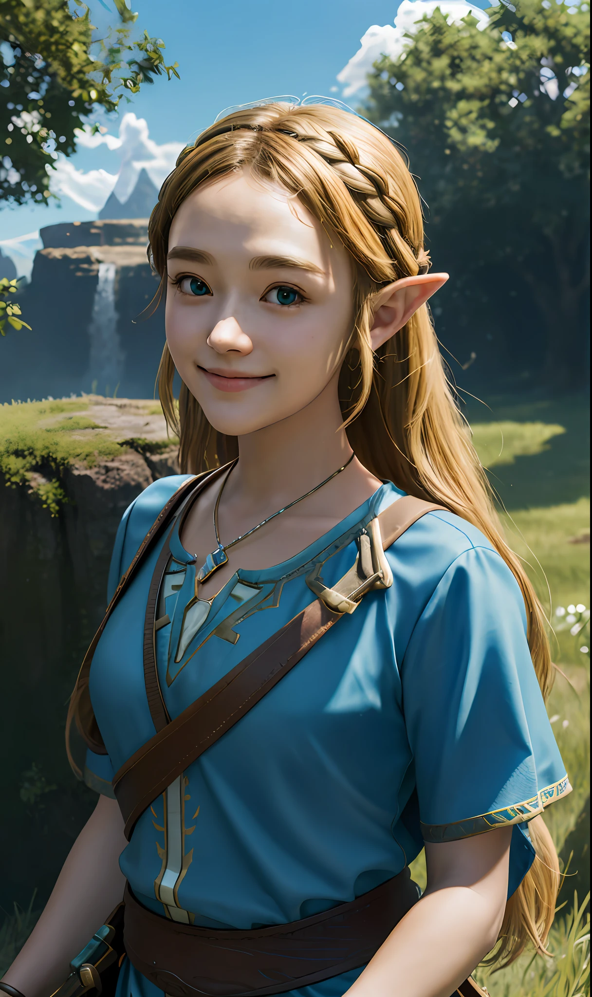 (Best Quality, 8K, Masterpiece, Super Detail: 1.2), Cinematic Angle, Cute, Beautiful, Zelda Portrait, The Legend of Zelda: Breath of the Wild, The Legend of Zelda, Zelda, Blonde, Mottled Daylight, Blue Sky, Beautiful Clouds, Lens Flare, Shine, Light Particles, Wide Shot, 1 Girl, Solo,Smile, View Viewers