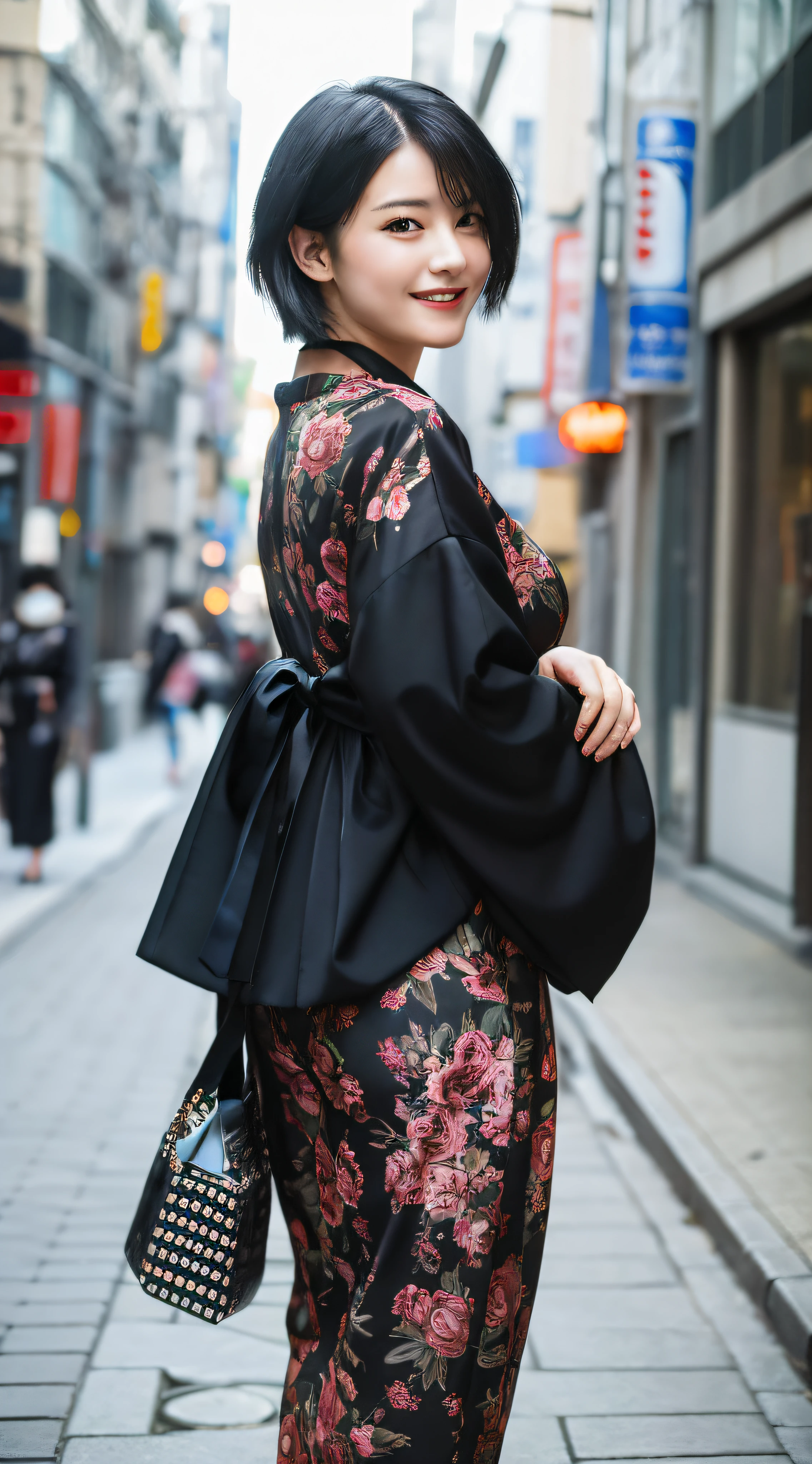 (8k, top quality, masterpiece, portrait),voluptuous body, short black hair, photo of Japan woman along the street, hands, fashionable clothes, looking back with a smile.