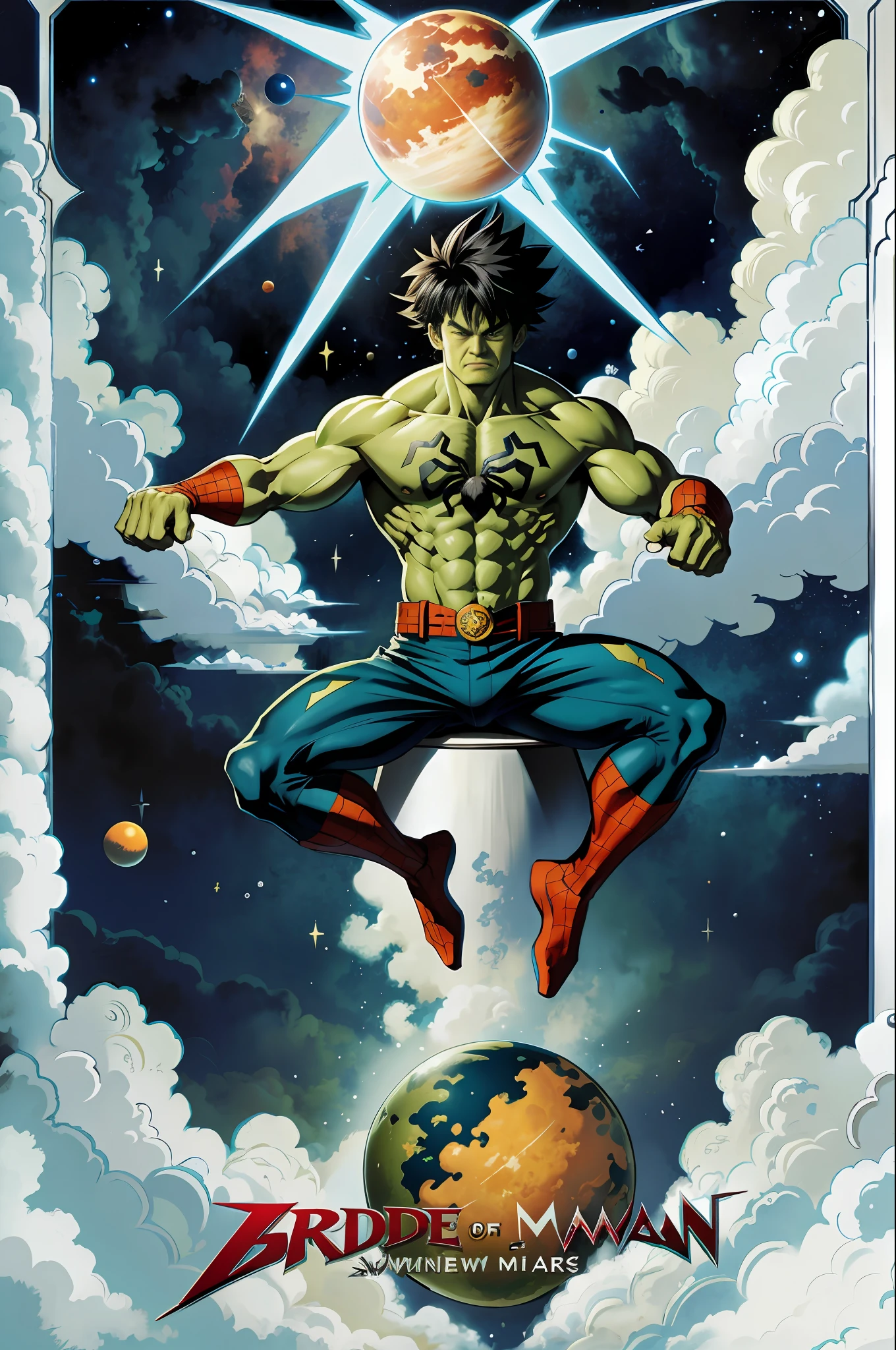 Amazing hulk, wearing the spider-man outfit, flying in Goku's cloud, planets, cosmos and and sitting, looking at the camera