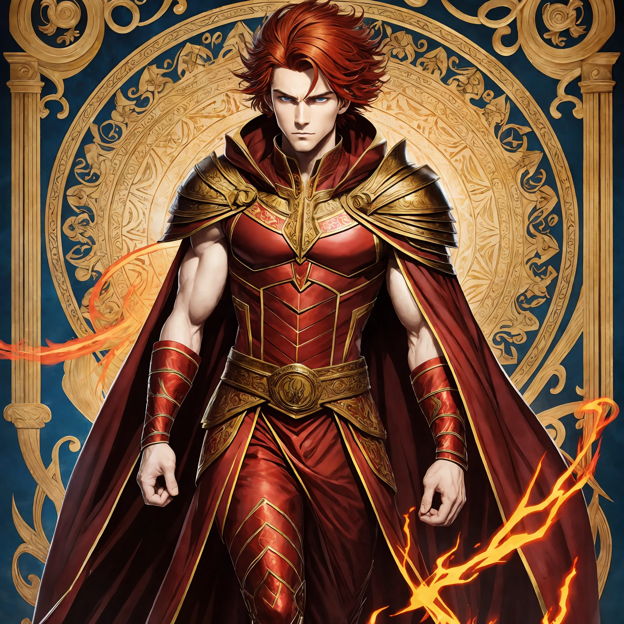Lucius is a young man of striking appearance and evident draconian heritage. Hair: He has voluminous and rebellious hair, of intense red-orange color, His hair cascades down his shoulders, Eyes: His eyes are piercing and mesmerizing, like burning embers. The intense and vivid color of his irises is a golden hue, with slight shades of red, which seem to ignite when he channels his magic. Skin: Lucius' skin is pale, with a tan tone. Birthmark: A peculiar birthmark adorns the right side of his face, resembling a small flame in shades of red and gold. The mark is a vivid reminder of his heritage and links to the red dragons. Height and size: Lucius possesses an impressive stature, being tall and slender, with an upright and confident posture. His muscles are toned and defined, Dress: He dresses in clothes that combine practicality and style with the colors yellow and red. Lucius wears a light and flexible armor, Mystical symbols are embroidered on his dark cloak, representing his magical heritage. --auto --s2