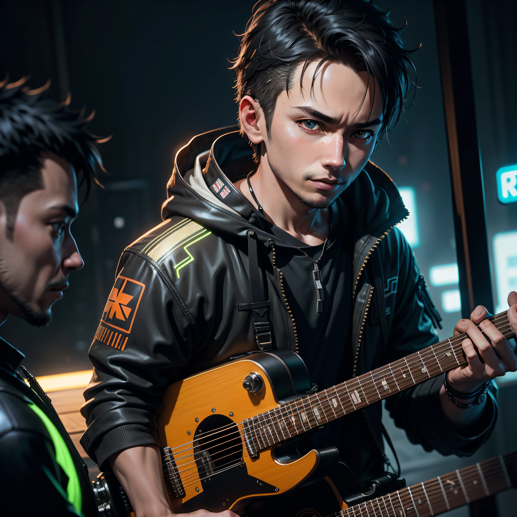 detailed portrait, a boy, Neon guitar, cyberpunk futuristic neon, reflective, decorated with traditional Japanese ornaments by Ismail inceoglu dragan bibin hans thoma greg rutkowski Alexandros Pyromallis Nekro Rene Maritte Illustrated, fine details, realistic studio lighting,unreal engine,ultra realistic, 100mm, film photography, dslr, cinema4d, studio quality, film grain --