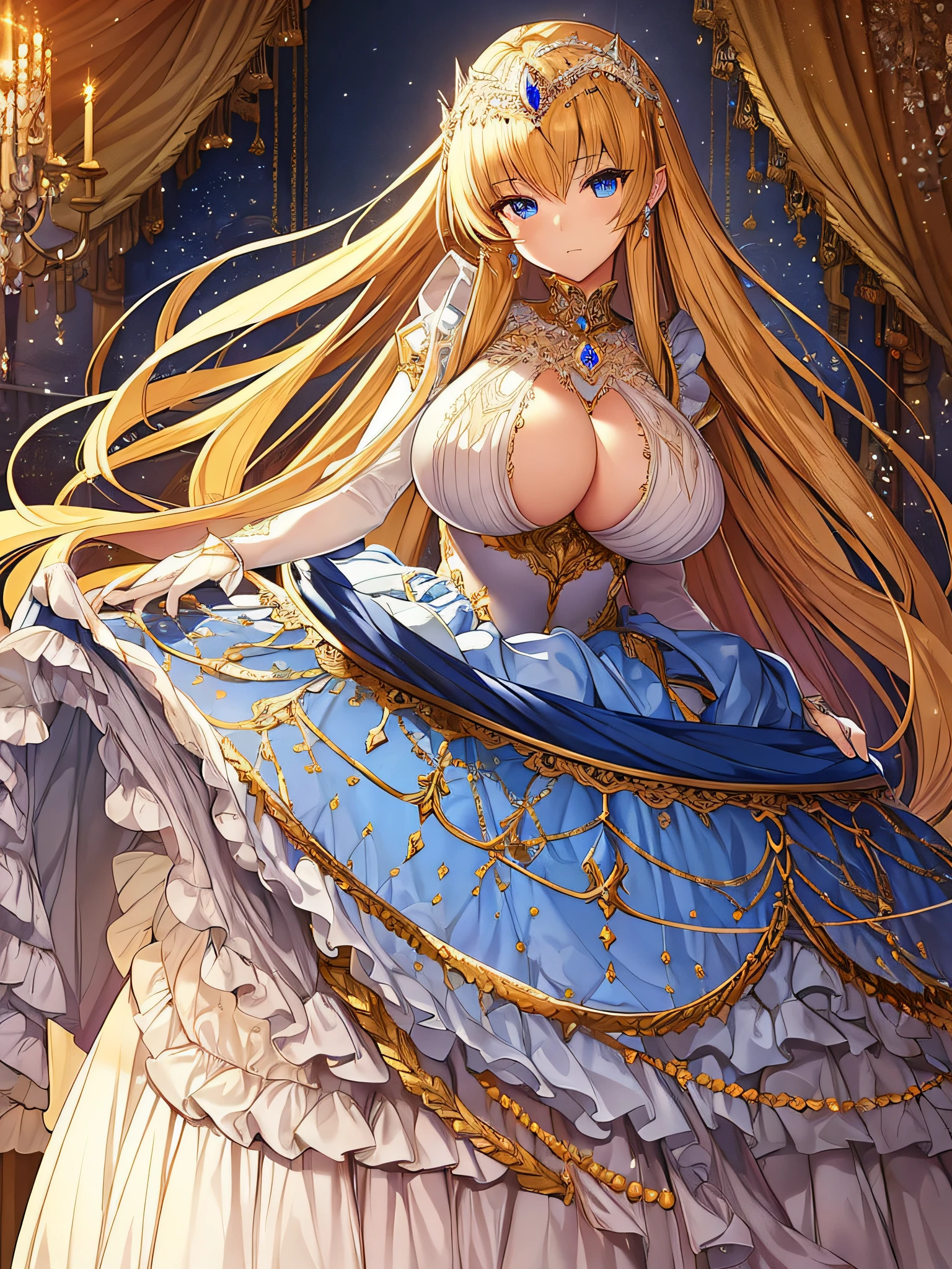 ((anime moe artstyle)),((game CG)),(Masterpiece),(Best Quality), (Super Detail),Illustration,(((Very Delicate and Beautiful))),Focus on character,Dynamic Angle,Looking at viewer,(((Solo))),((Full body)),(((1 princess in ball gown with a voluminous skirt))),detailed face and eyes,jewel-like eyes,(Very Long Hair),gorgeous embroidery and lace,See-through,ornate ruffles,(gigantic breasts,Long breasts),(gorgeous jeweled ball gown with a voluminous skirt),