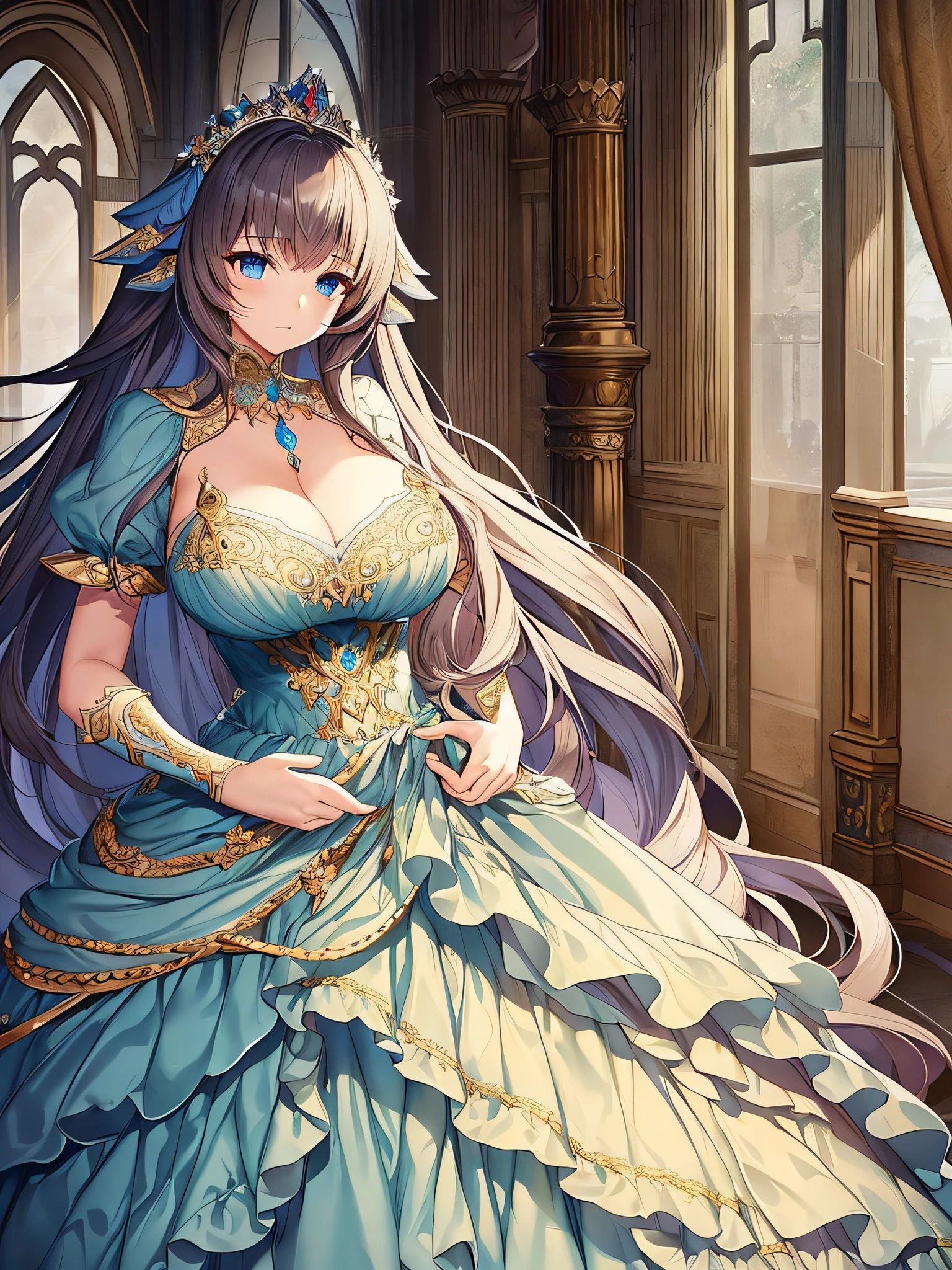 ((anime moe artstyle)),((game CG)),(Masterpiece),(Best Quality), (Super Detail),Illustration,(((Very Delicate and Beautiful))),Focus on character,Dynamic Angle,Looking at viewer,(((Solo))),((Full body)),(((1 princess in ball gown with a voluminous skirt))),detailed face and eyes,jewel-like eyes,(Very Long Hair),gorgeous embroidery and lace,See-through,ornate ruffles,(gigantic breasts,Long breasts),(gorgeous jeweled ball gown with a voluminous skirt),