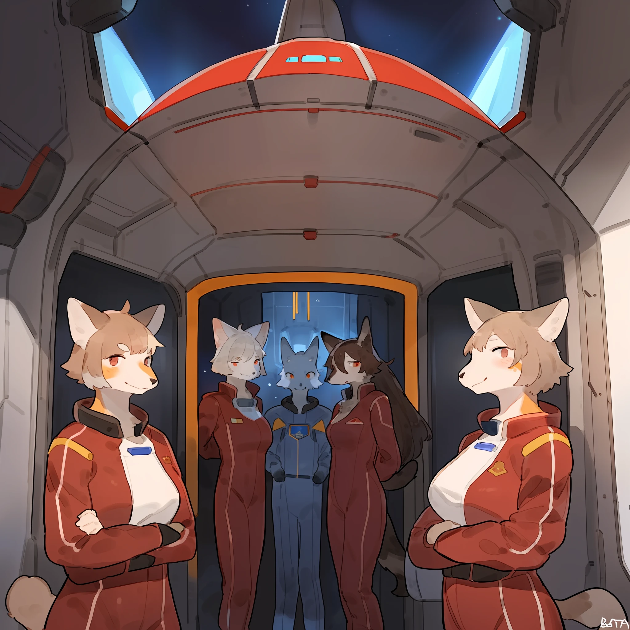 Group photo, red uniform, red uniforms, red jumpsuit, red spacesuit, female, smiling, facing viewer, standing shoulder to shoulder, standing in line, space, spaceship, window, by bebebebebe, (((by buta99))), canine, feline, hair, a diverse group of anthro characters standing shoulder to shoulder in red spacesuit uniforms