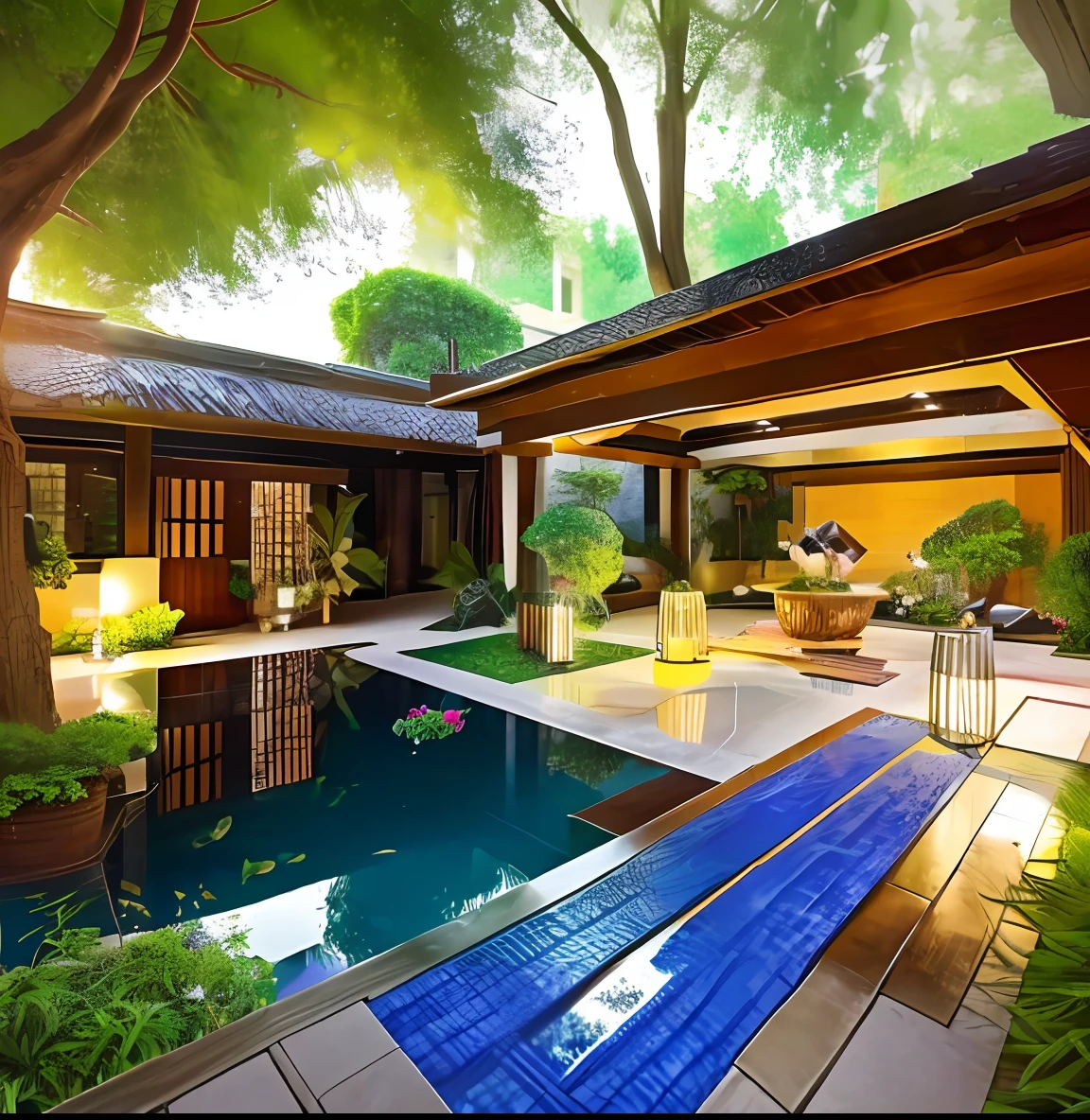 UHD, masterpiece, high details, high quality, 16k, highres, real images, real effects, photos, walking in this quiet and beautiful courtyard, it is like feeling the breath of nature. The courtyard is designed in an idyllic style, dotted with greenery, like a picture of nature. The flower beds are full of flowers, and the gorgeous flowers give off a charming fragrance. Close to the pond side, there is a small coffee table and rattan sofa for enjoying a good afternoon tea time. Sway in a rocking chair in the gentle breeze, and relax your mood. The delicate music and the singing of birds are intertwined into a beautiful melody, making people feel the magic of nature. In this idyllic courtyard, let us get in touch with nature, feel the beauty of life, and harvest peace and joy!