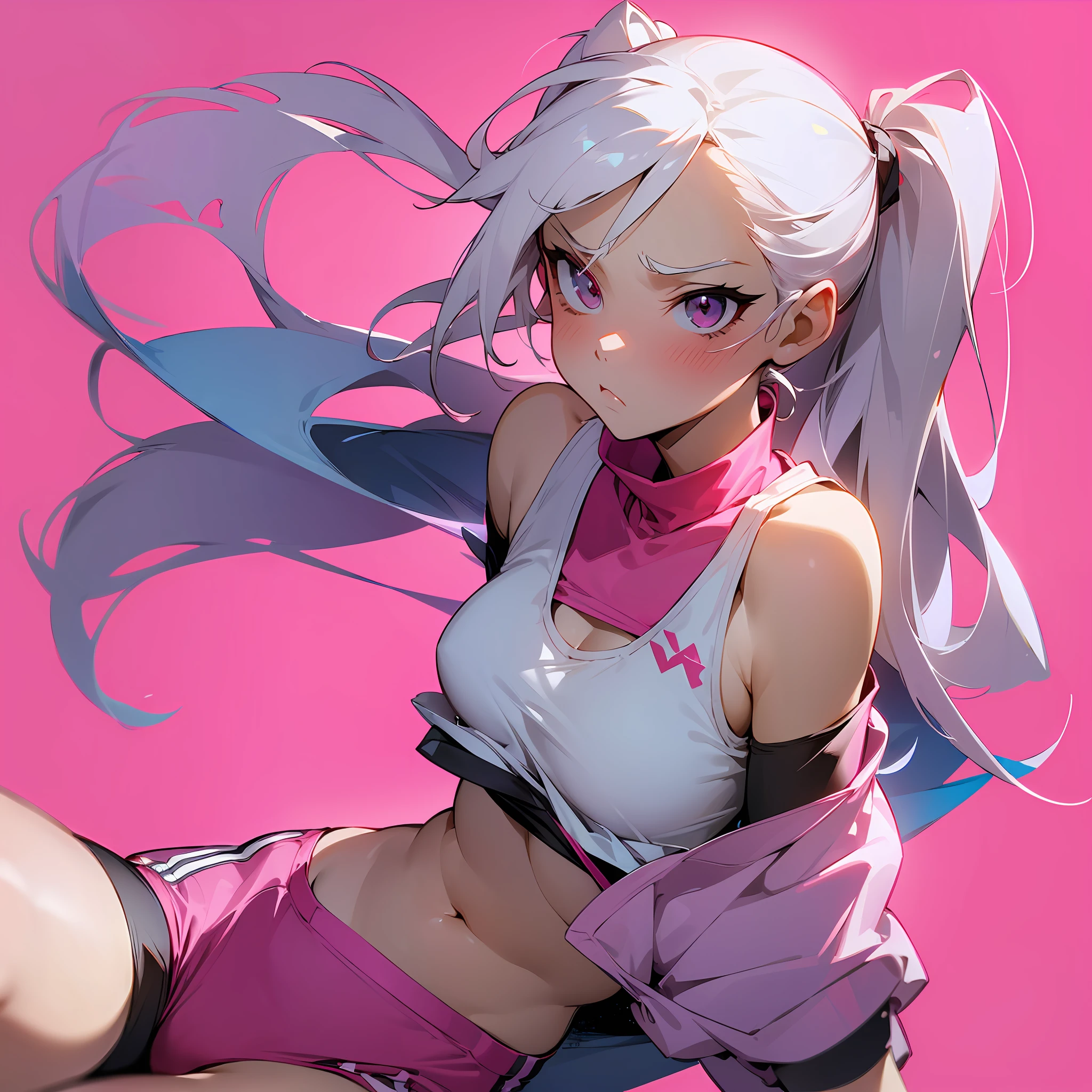 (Pure and simple, sporty style, pink background, white haired girl, sports bras, sports shorts, vista, tsundere expression)