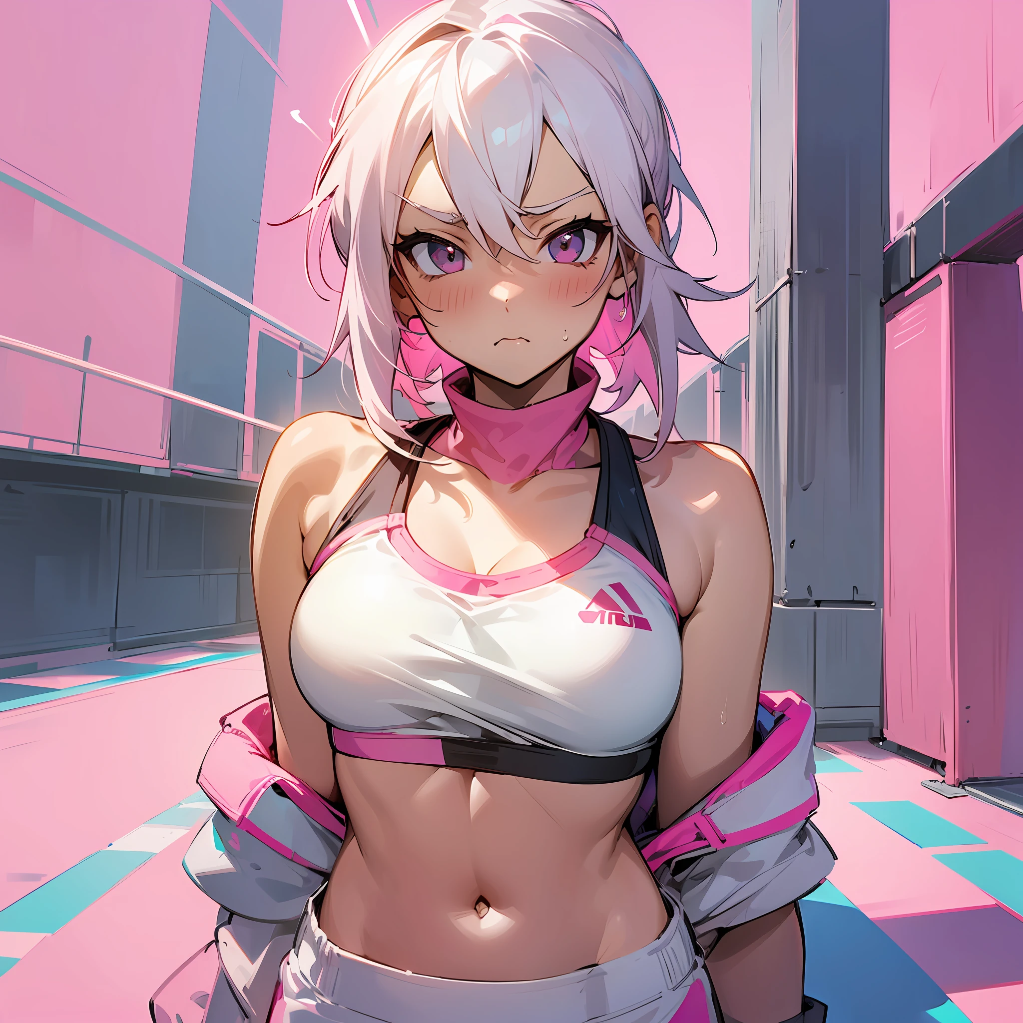 (Pure and simple, sporty style, pink background, white haired girl, sports bras, sports shorts, vista, tsundere expression)