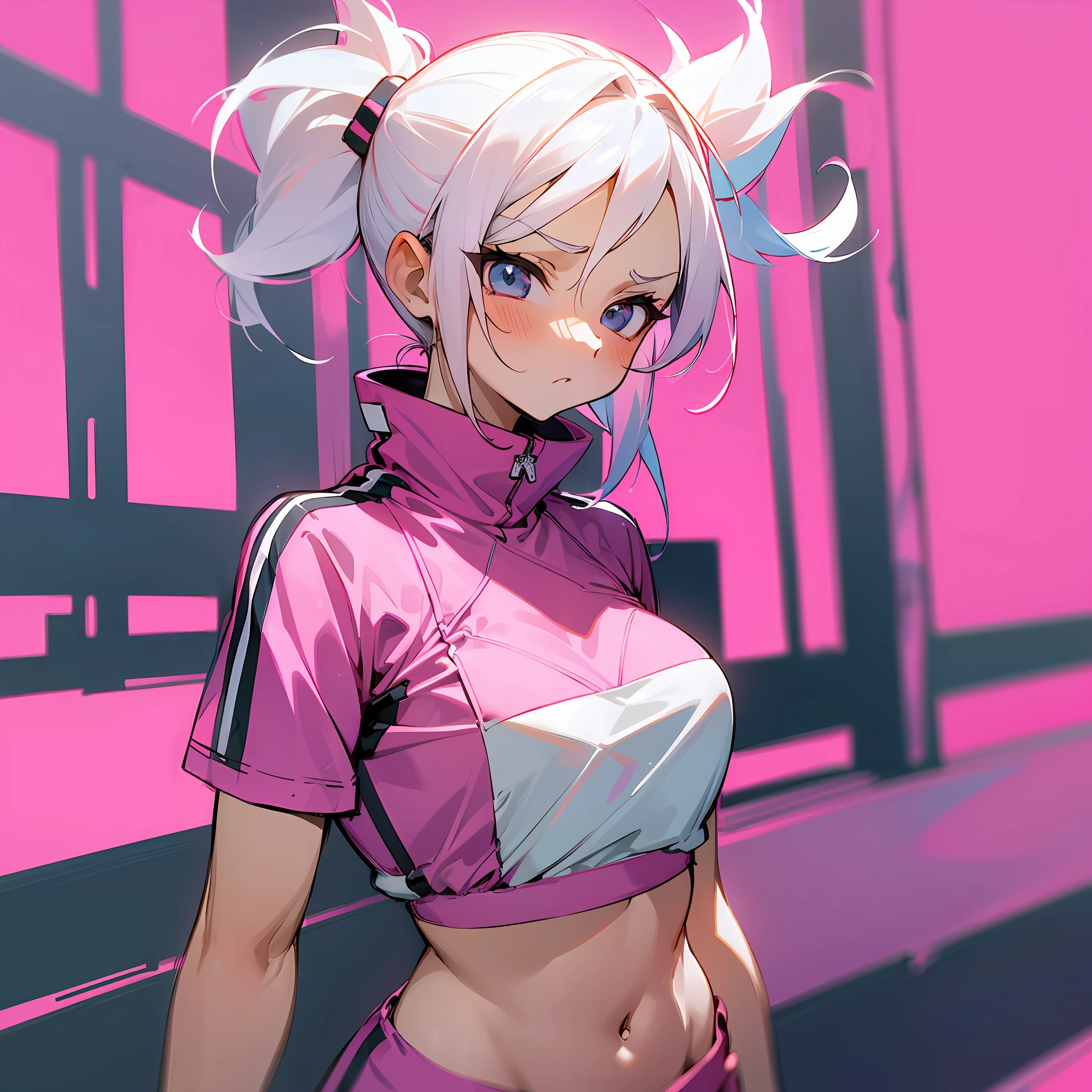 (Pure and simple, sporty style, pink background, white haired girl, sports bras, sports shorts, vista, tsundere expression)