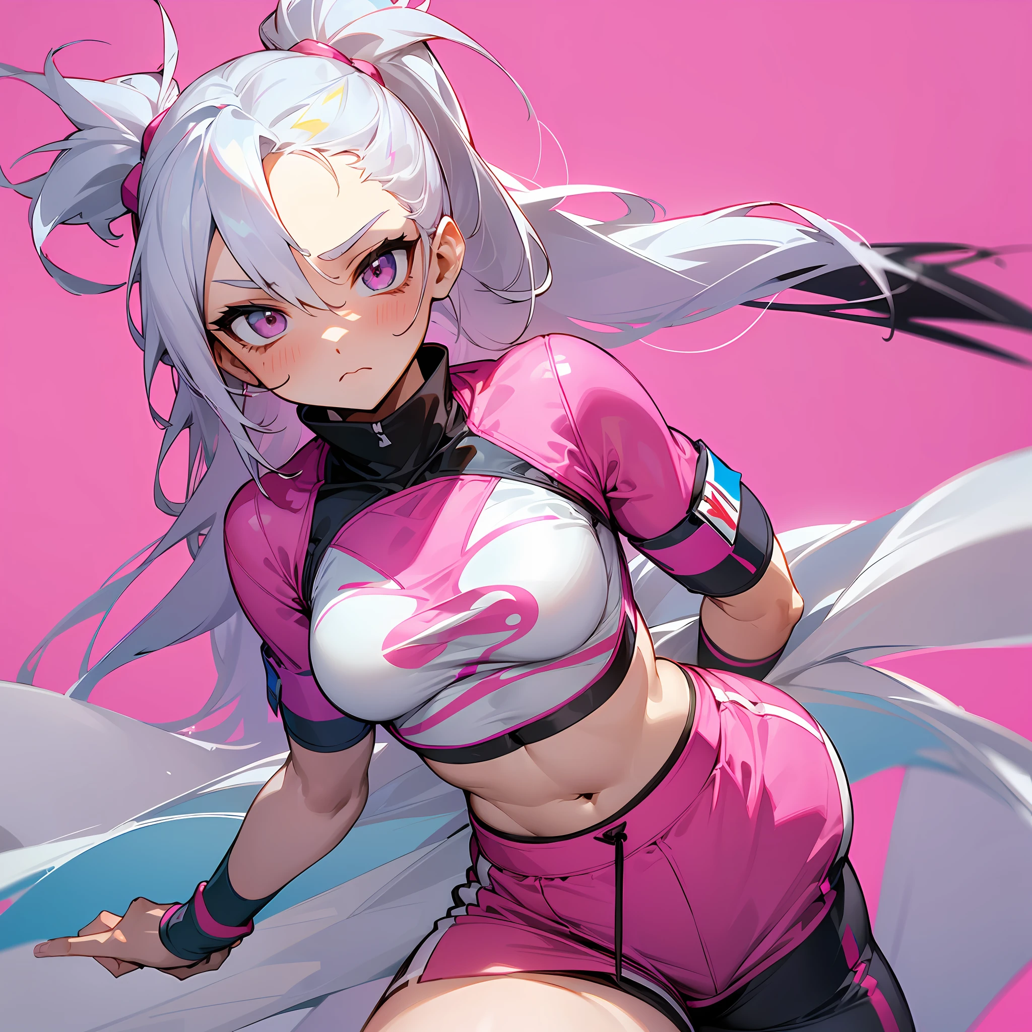 (Pure and simple, sporty style, pink background, white haired girl, sports bras, sports shorts, vista, tsundere expression)