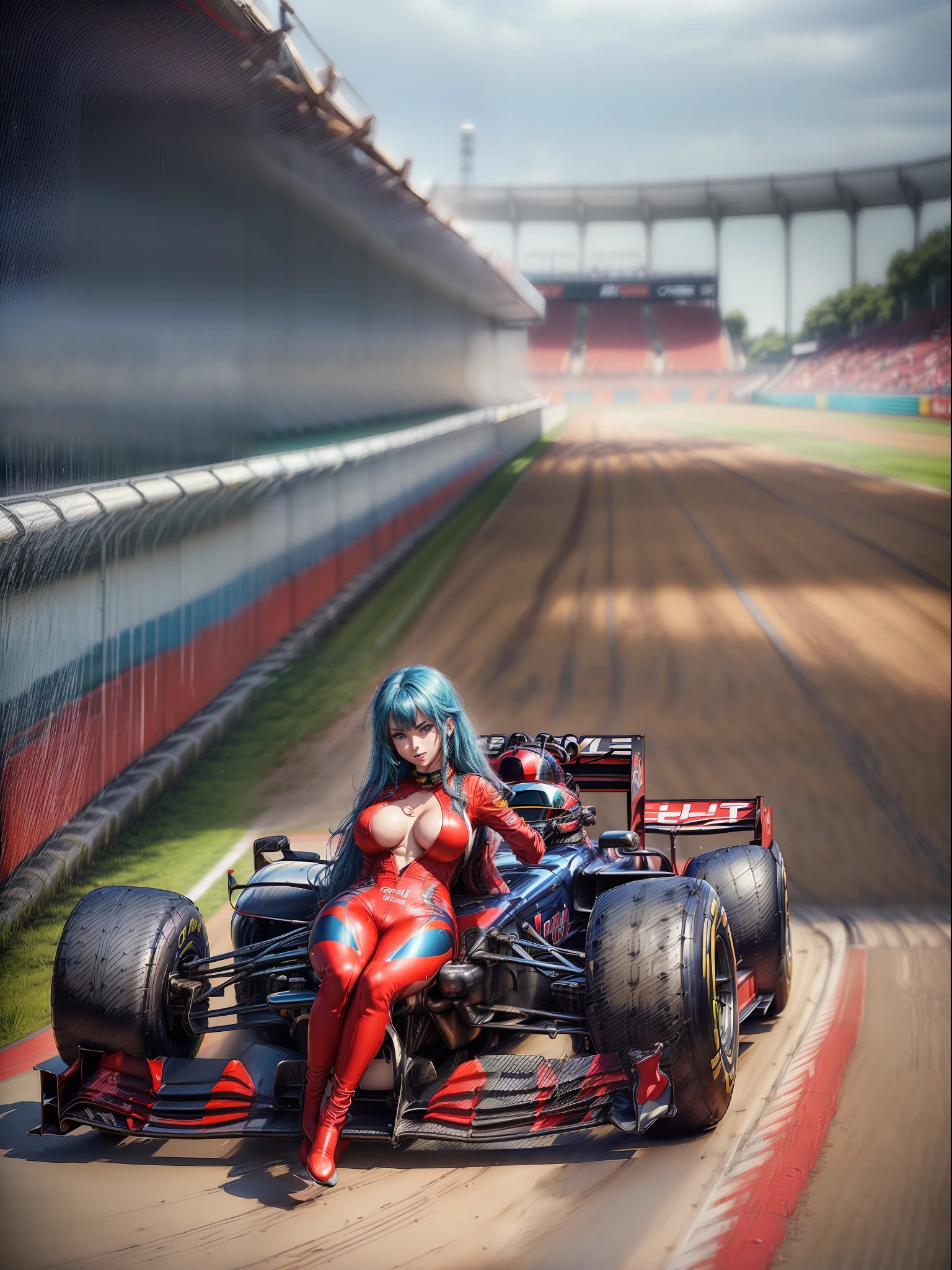 ((full body):2) (({Only one woman}:1.2):{((wearing red formula 1 runner suit)1.2), ((long blue hair down to shoulders, sparkling green eyes) 1.3), ((striking an erotic pose in a formula 1 car, looking at the viewer, smiling):1.3), ((extremely large breasts):1.2)}, \n (({Hypodromia from formula 1 racing, is in night, raining heavily, several people are in the stands}):1.3), anime, anime style, 16k, ((best quality, high details):1.4), masterpiece, UHD