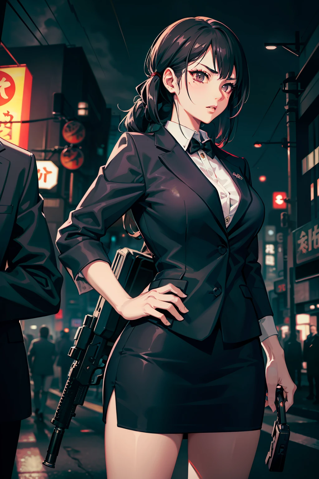 japanese yakuza mobster girl with a dark gray suit, miniskirt, pencil skirt, uses assault rifle, facial scar, stylish, hdr, intricate details, hyperdetailed, cinematic, rim light, danger atmosphere, noir, night, cyberpunk lighting, tokyo street, rain