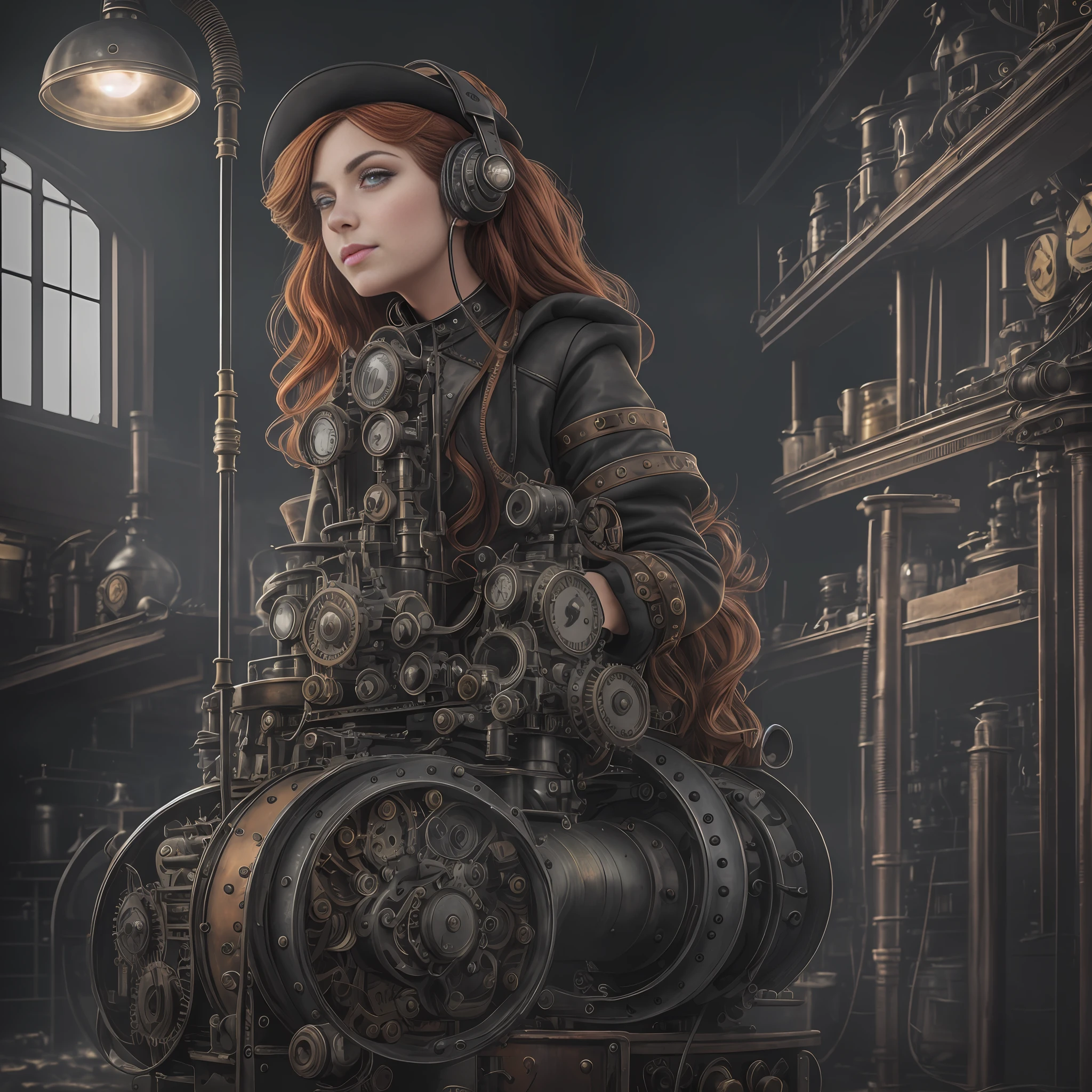 hyper photorealism, perfect anatomy, realistic character, cinematic lighting, shot from the back, (((one girl on a chair is repairing a machine in the steamy smoky workshop))), (a 19 yo girl, (Ana de Armas:0.70), (redhead:1.1)), very cute and smiley, (perfect eyes:1.1), photorealistic wavy hair, a girl in a steampunk jumpsuit in light gray color, intercom headset, steampunk choker, long leather boots, perfect detailed face, detailed symmetric green eyes with circular iris, fixing a steam engine in the steampunk garage filled with steam and smoke, cogs and gears, steamy background with lots of steam pipes and steam valves and pressure gauges and gears, intricate background, very highly detailed costume, very highly detailed background, steampunk aesthetic, steamy, Canon 5D, f1.8 lens