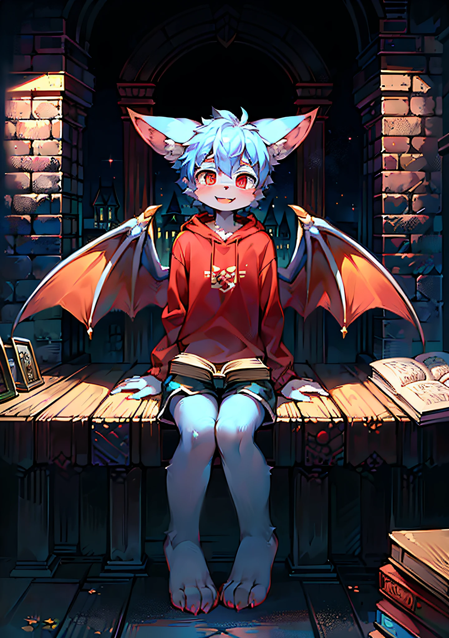((((Masterpiece quality))), highest definition, full body portrait, furry boy cub, with slender body, red vertical pupils, wearing shorts, sweatshirt, blue-pink fur, cute fangs and fluffy tail, cub's dragon wings, sitting on the roof of the castle, big ears and cute expression, surrounded by a large number of bat features, holding a book, blue tone, soft light and shadow, static.