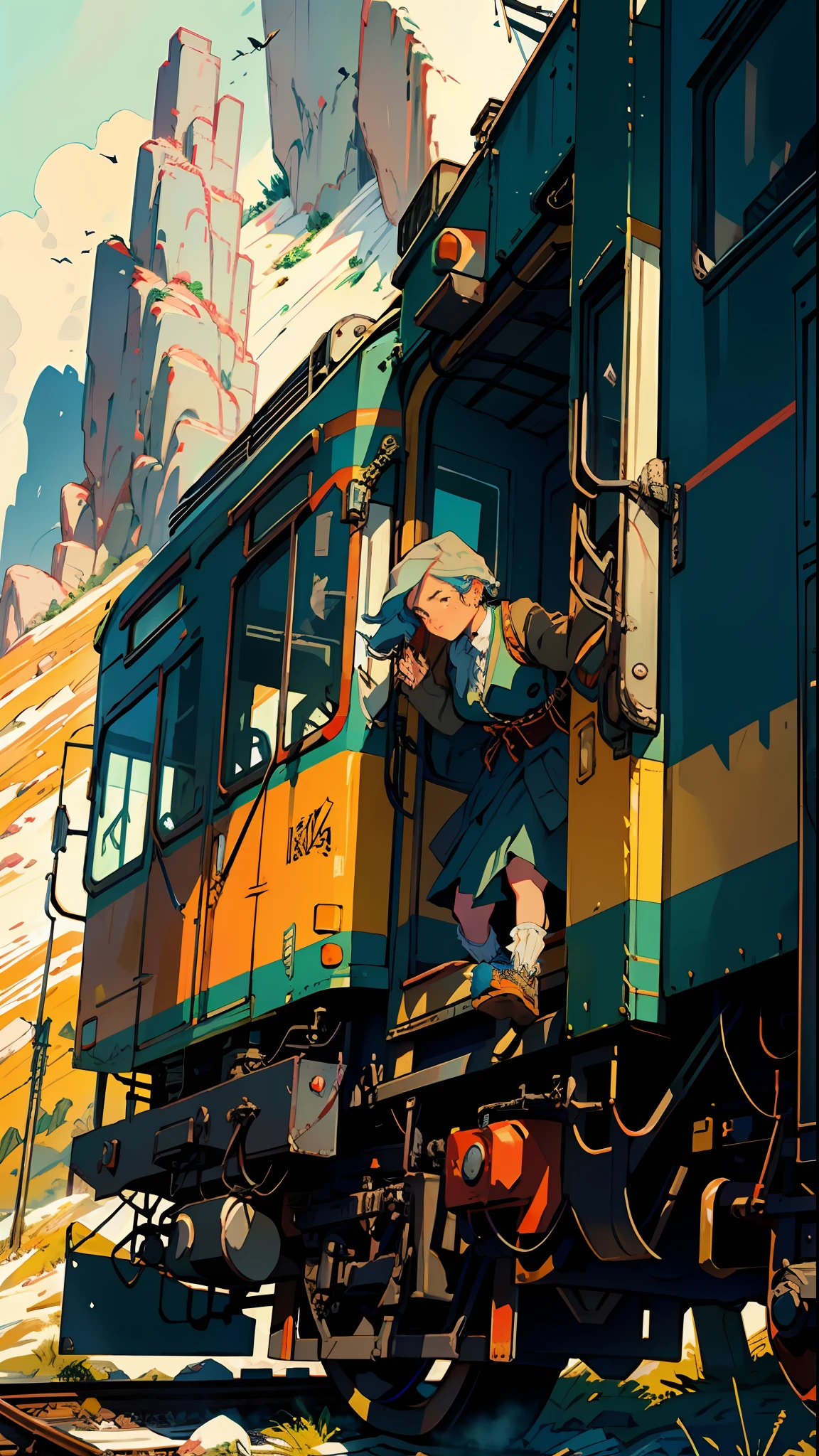 Train in motion, in the mountains, retro, full color, multicolored, artful, top detail, super quality, fine details, highlights, neon lights